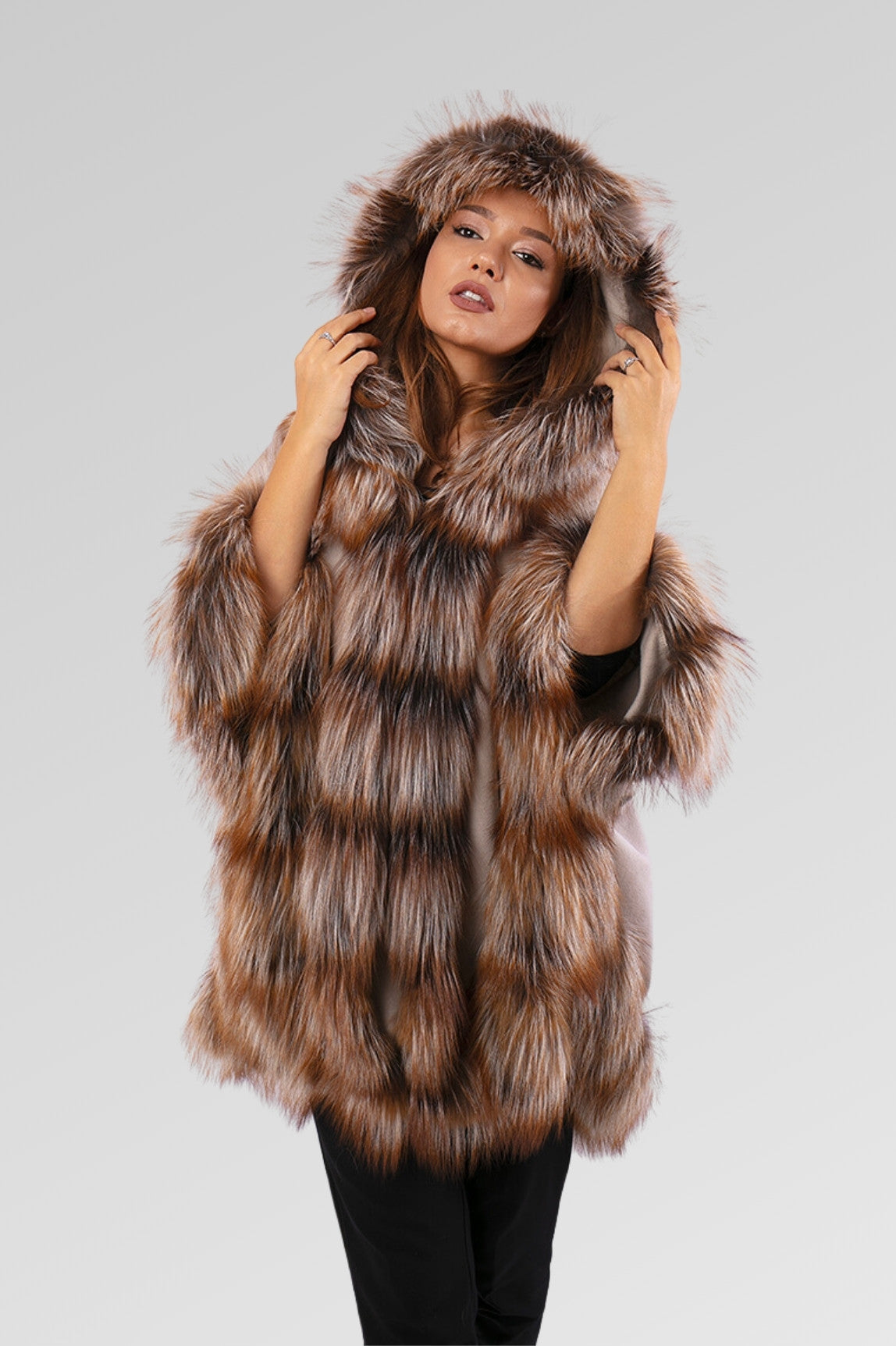 Cashmere Cape with Natural Silver Fox Fur, Women, Brown Frost 80