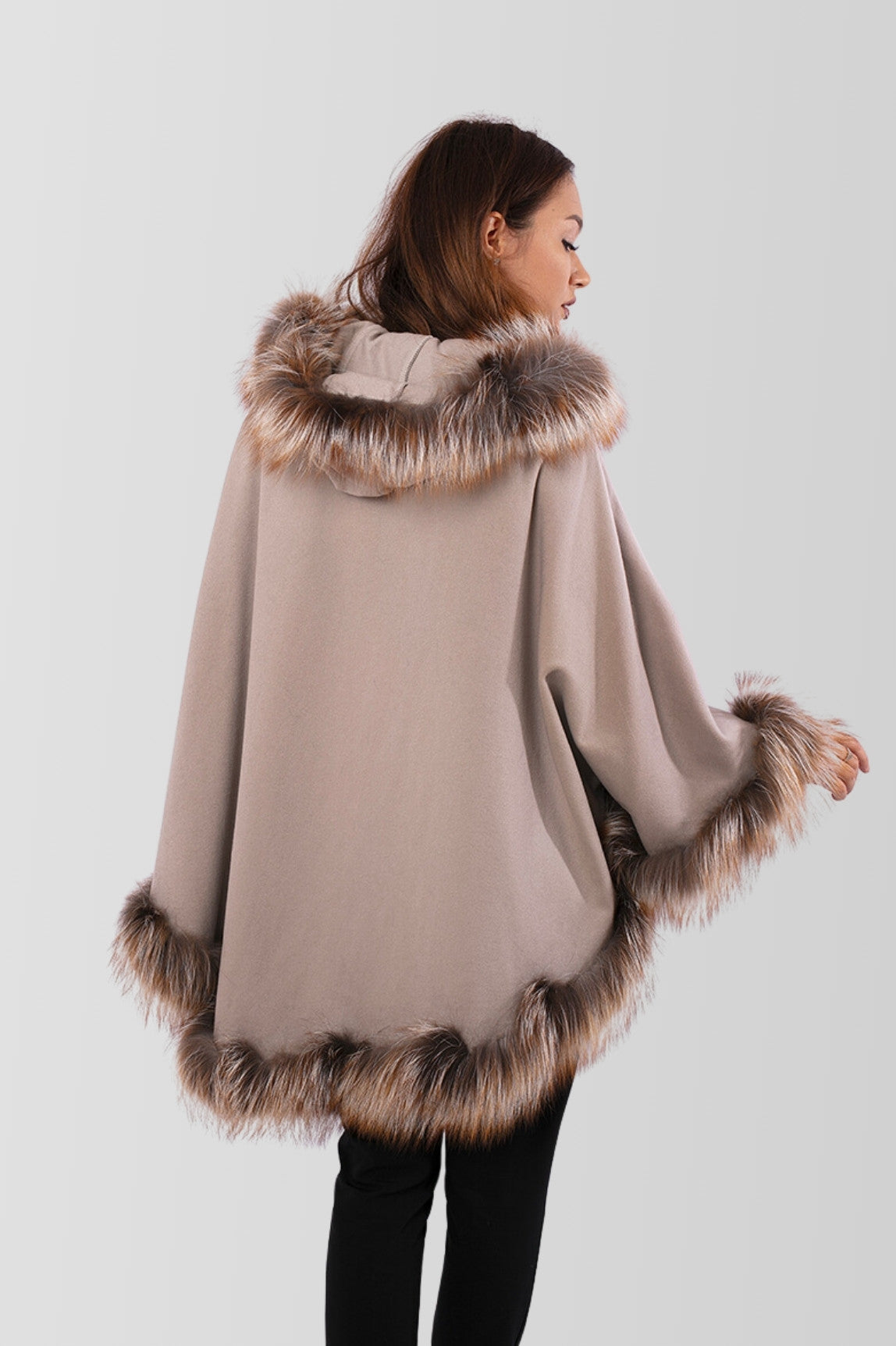 Cashmere Cape with Natural Silver Fox Fur, Women, Brown Frost 80
