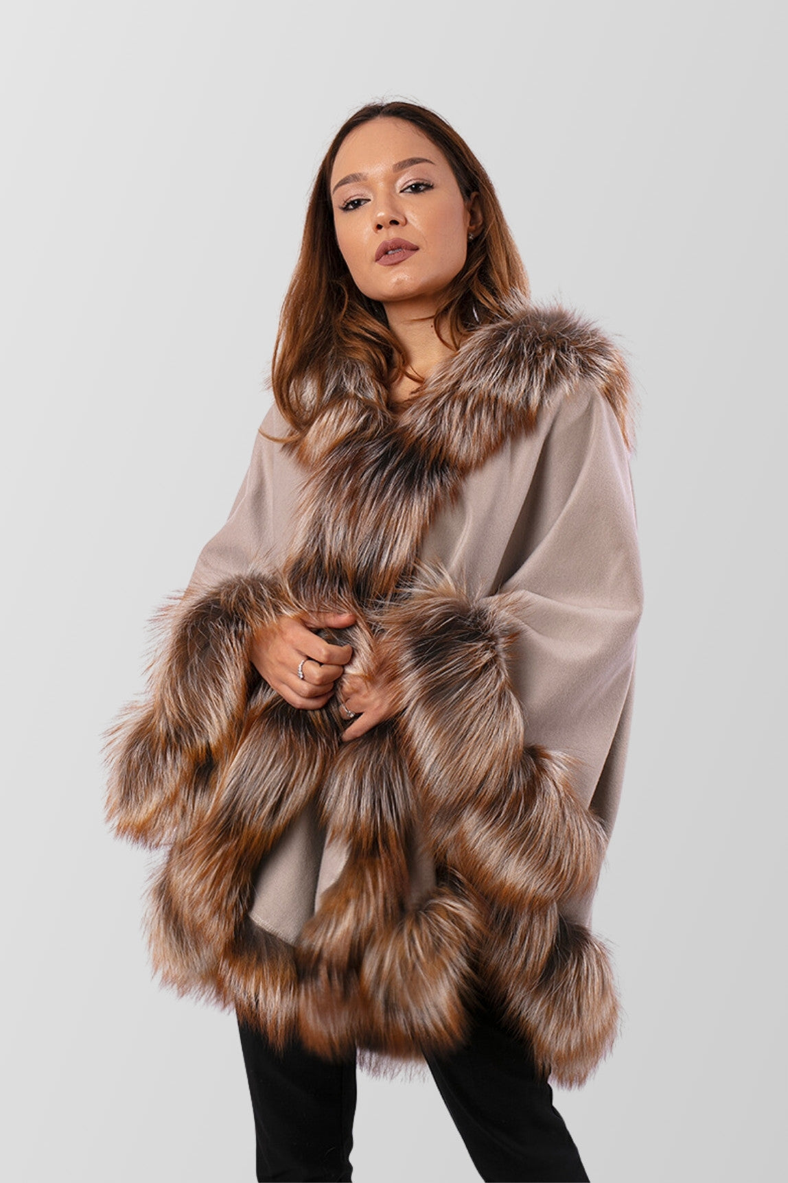 Cashmere Cape with Natural Silver Fox Fur, Women, Brown Frost 80