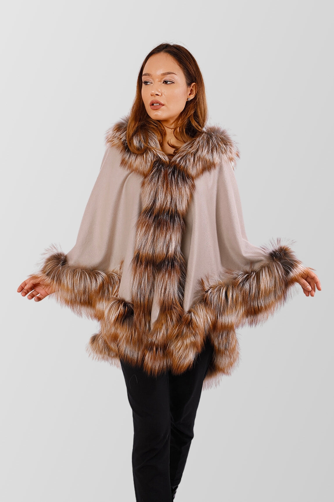 Cashmere Cape with Natural Silver Fox Fur, Women, Brown Frost 80