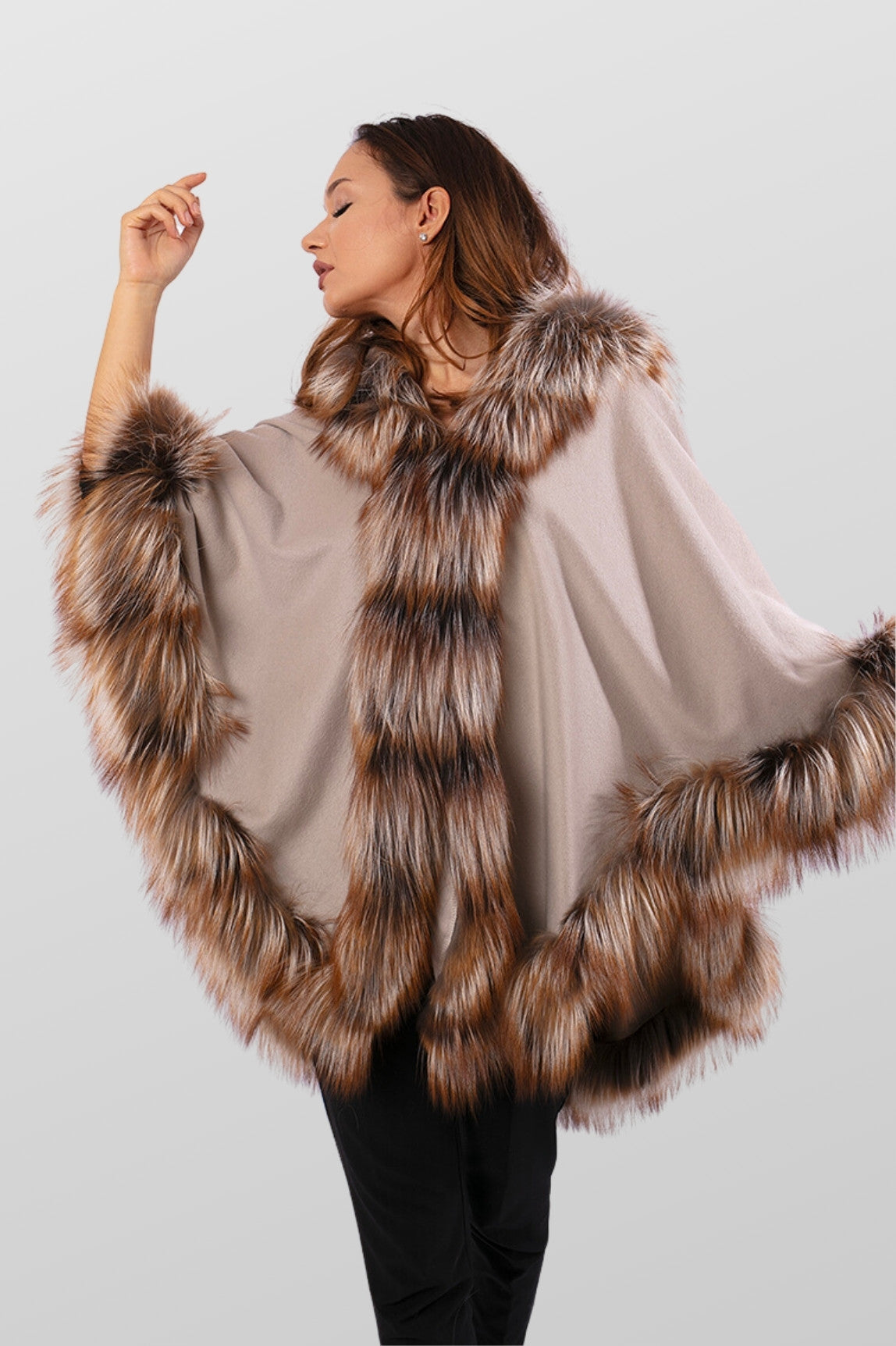 Cashmere Cape with Natural Silver Fox Fur, Women, Brown Frost 80