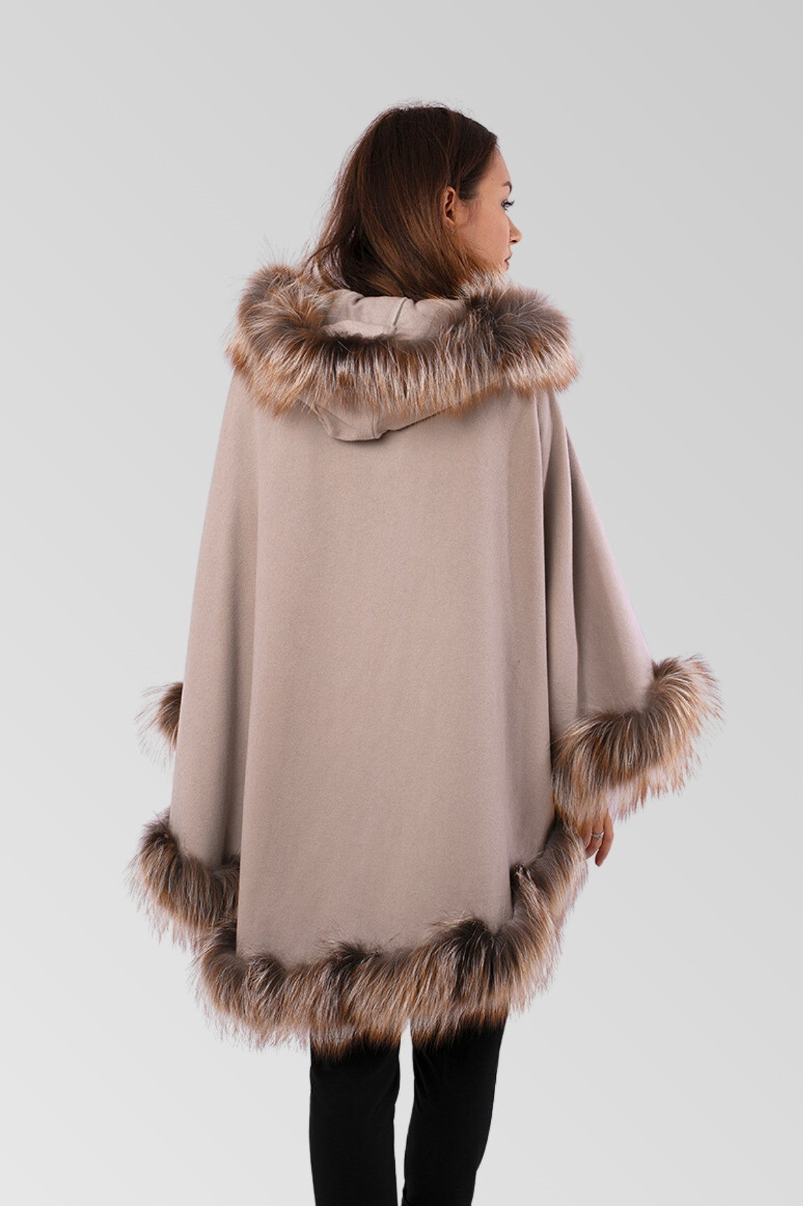 Cashmere Cape with Natural Silver Fox Fur, Women, Brown Frost 80