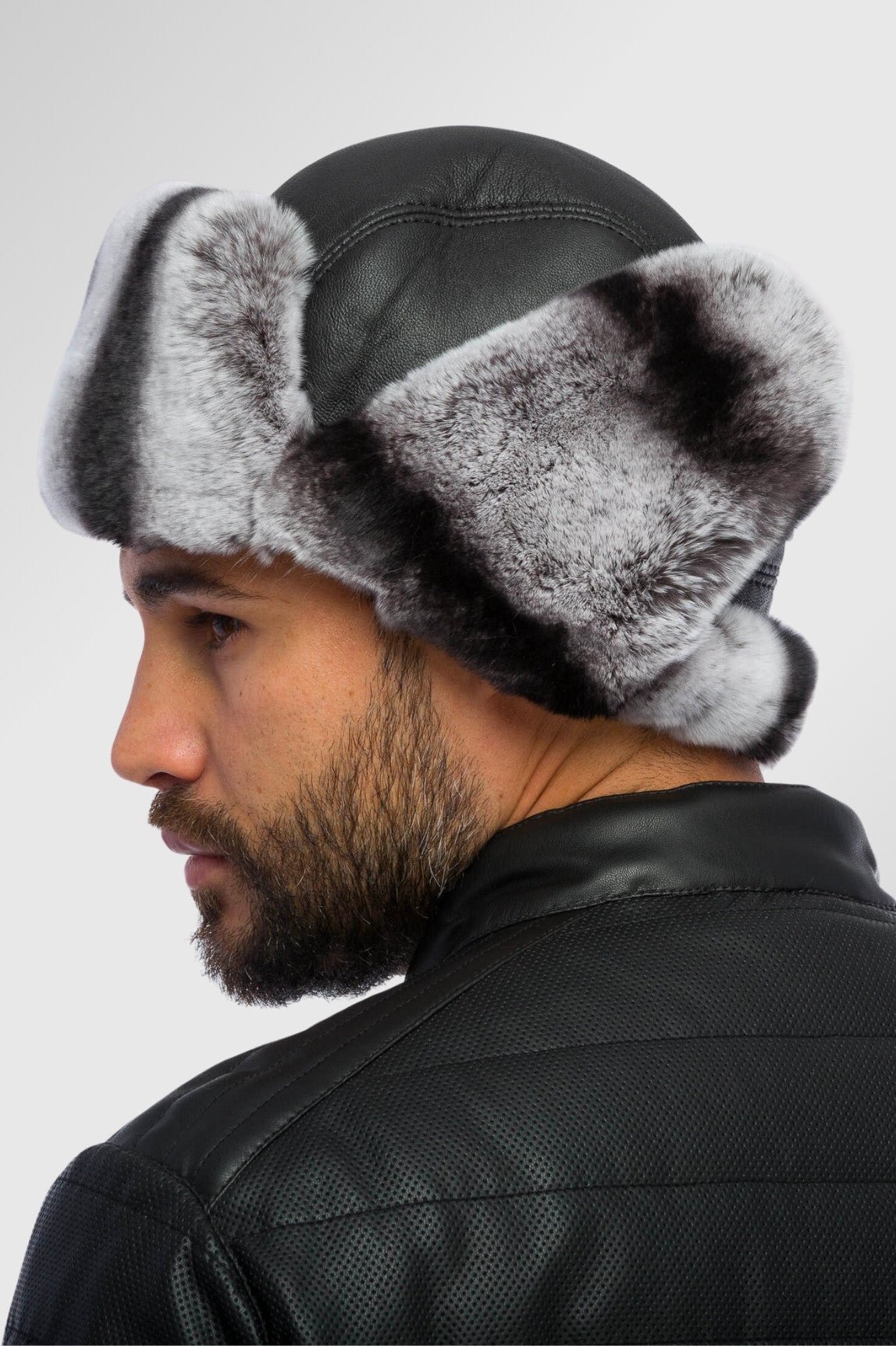 Căciulă din Blană Naturală de Rex și Piele, Bărbați, Obsidian și Silver Grey 18