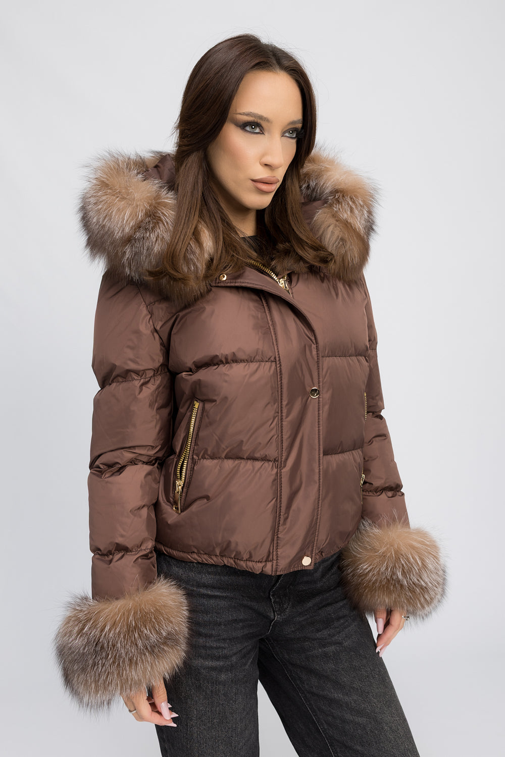 Veste courte à capuche et poignets en fourrure naturelle de renard, Femme, Mocha Glow 459