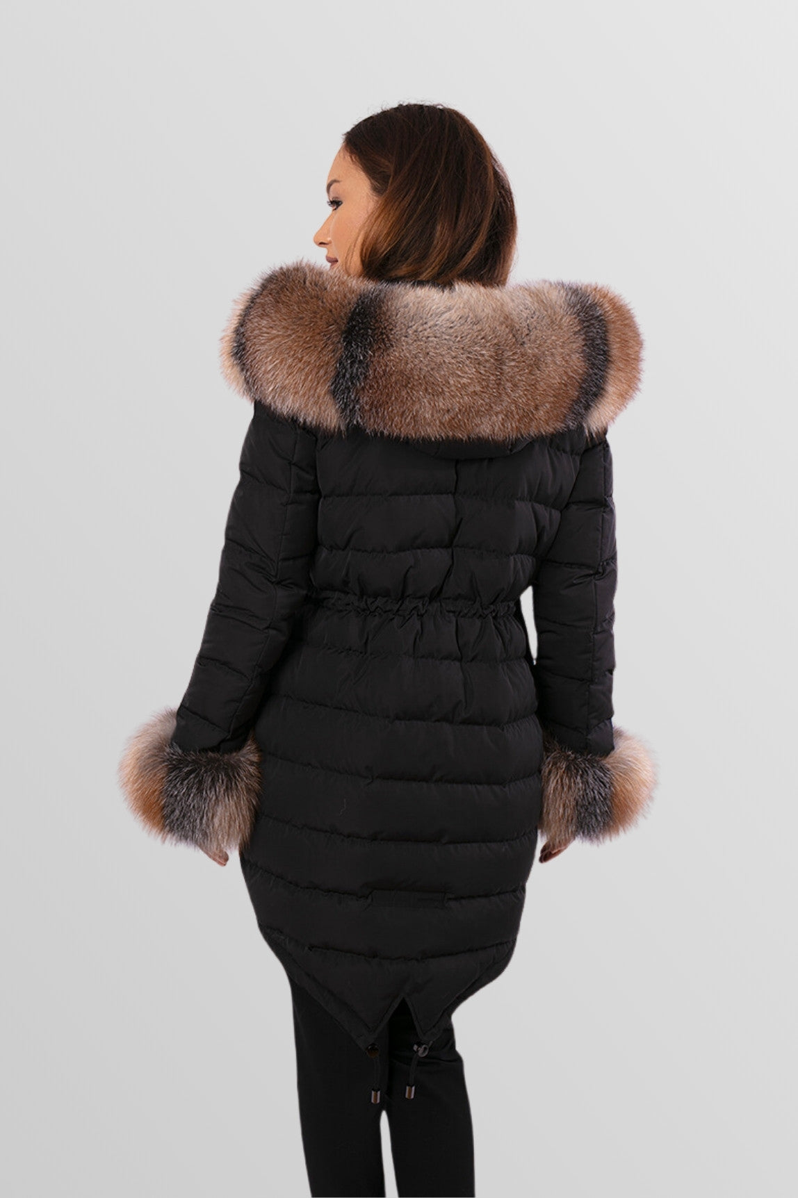 Geacă Parka cu Blană de Vulpe, Umplută cu Puf Natural, Impermeabilă, Femei, Obsidian și Brown Frost 150