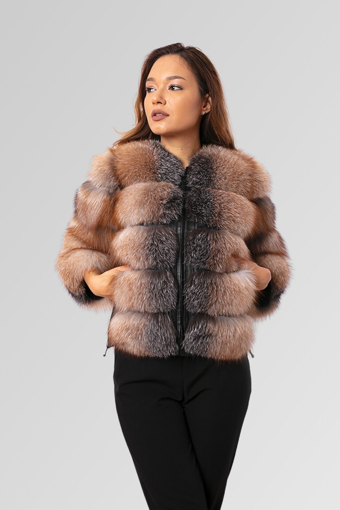 Women's Convertible Natural Fox Fur Coat, Brown Frost 259
