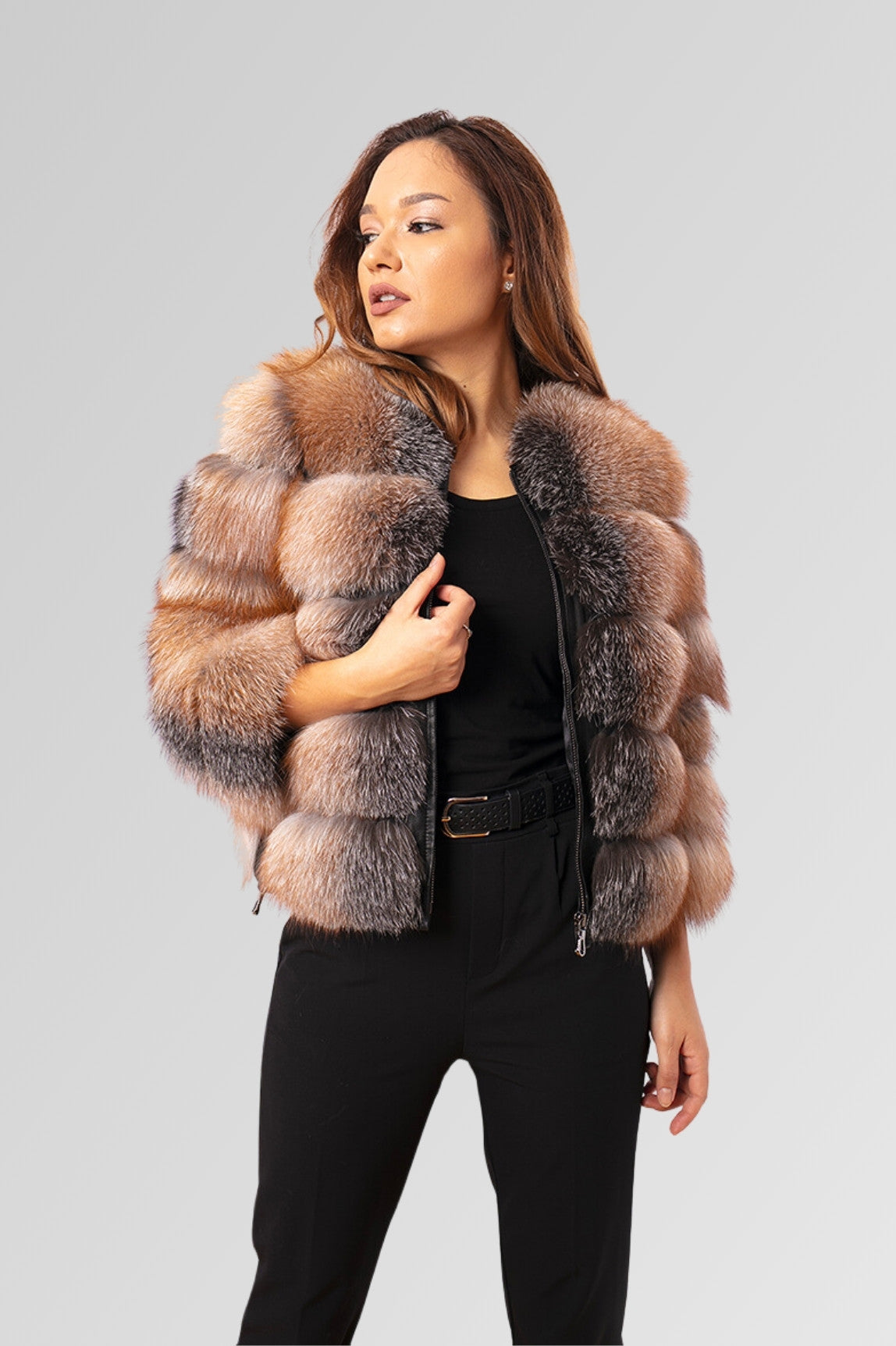 Women's Convertible Natural Fox Fur Coat, Brown Frost 259