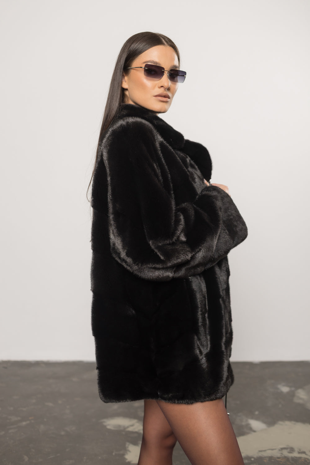 Haină din Blană Naturală de Vizon, Guler Rever, Femei, Diamond Black 415