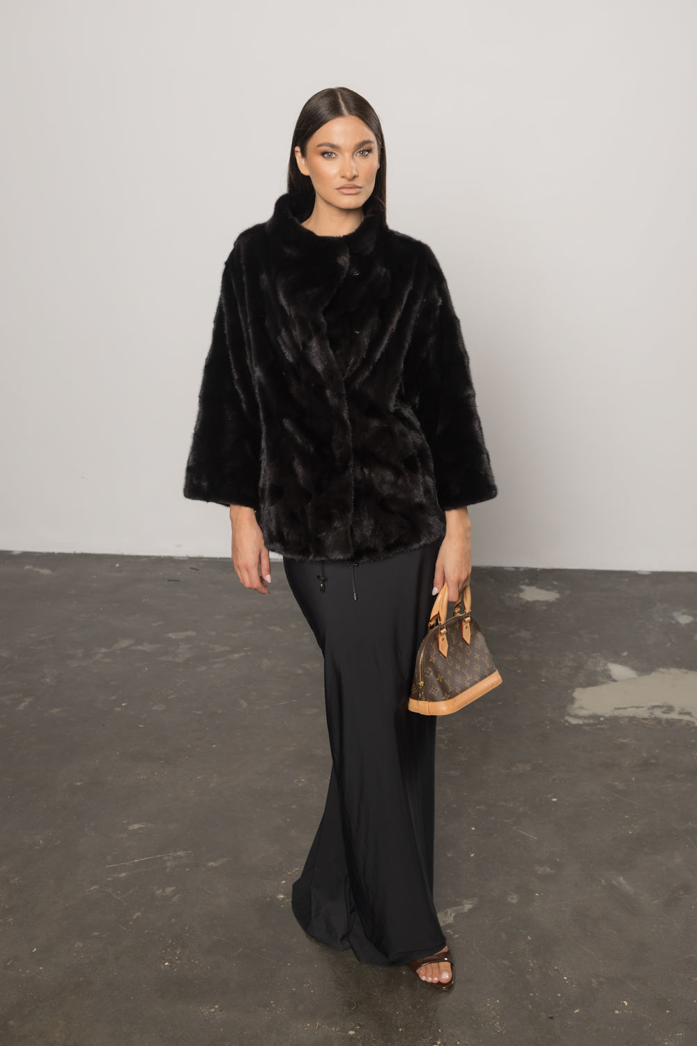 Natural Mink Fur Coat, 3/4 Sleeves, Women, Obsidian 401