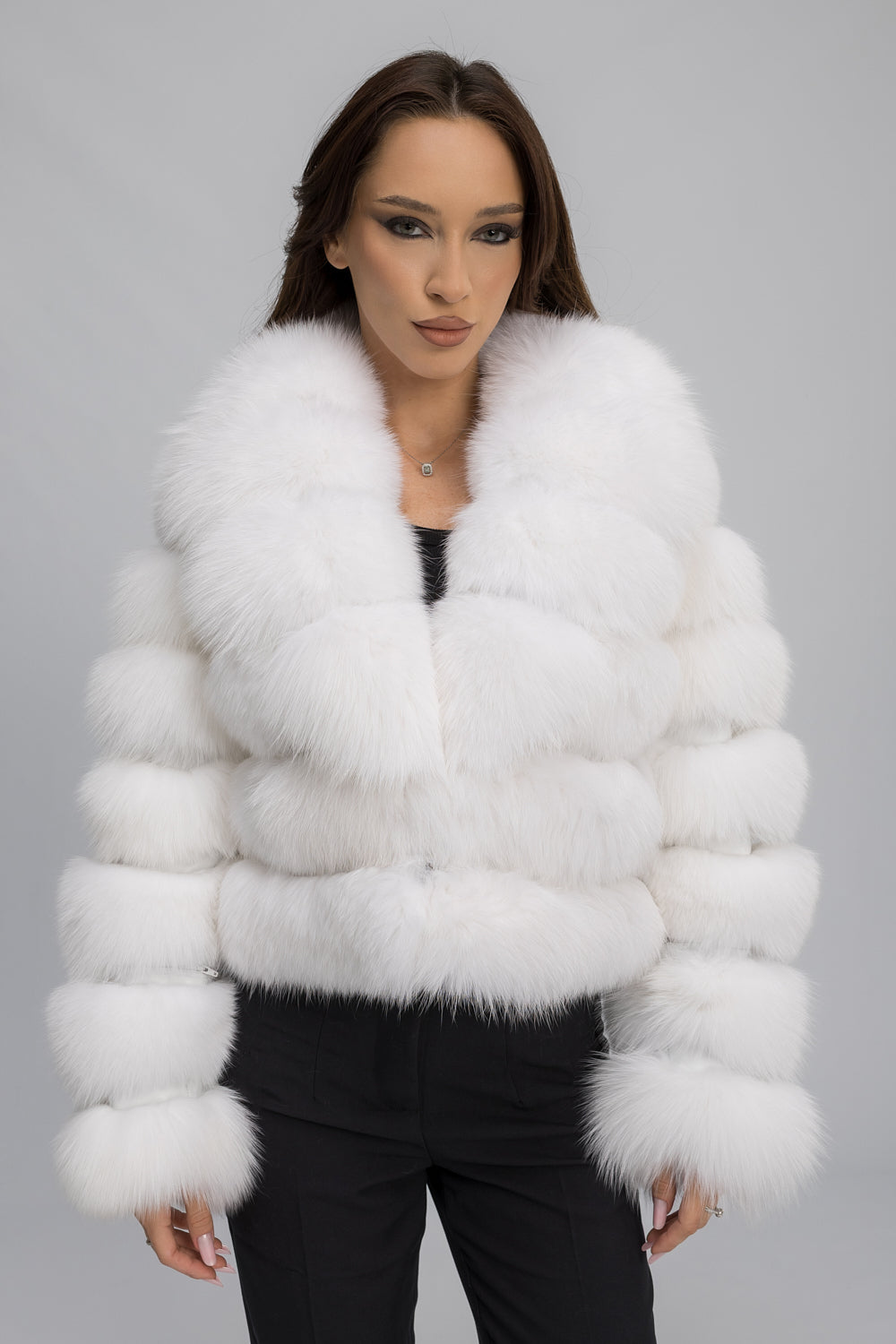 Haină din Blană Naturală de Vulpe Polară, cu Guler Rever, Femei, Arctic White 467