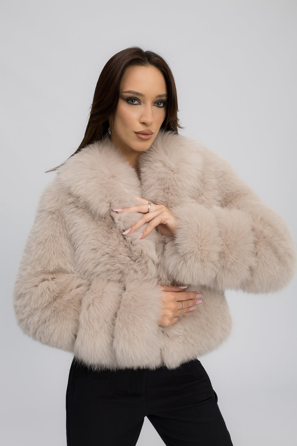Manteau en fourrure naturelle de renard polaire, col à revers, femme, Ivory Cloud 471