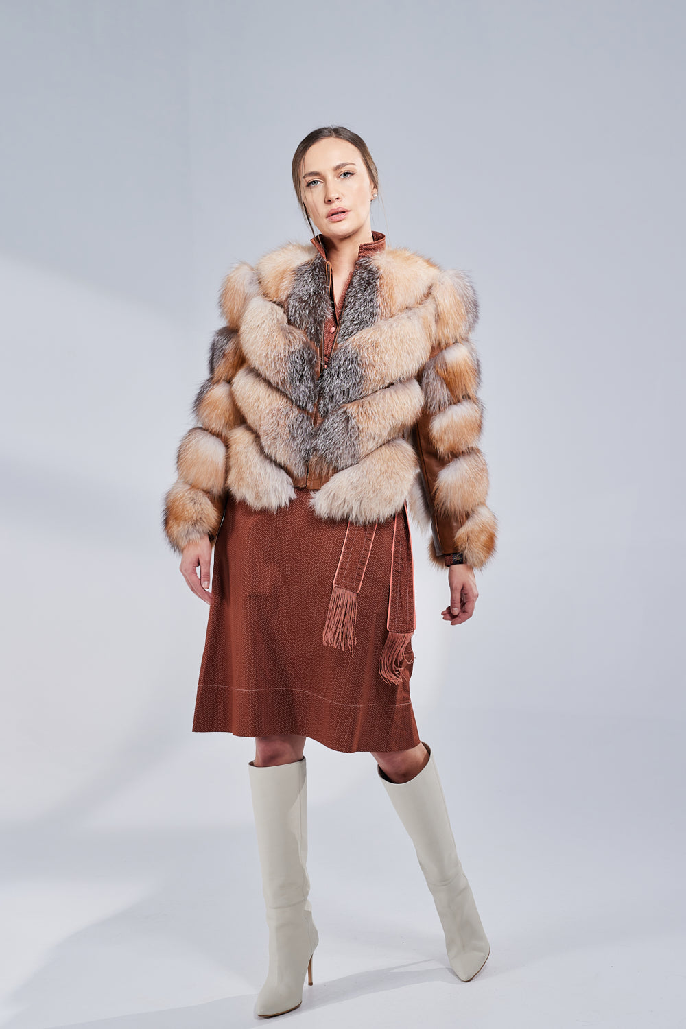 Haină din Blană Naturală de Vulpe, V Model, Transformabilă, Femei, Brown Frost 275
