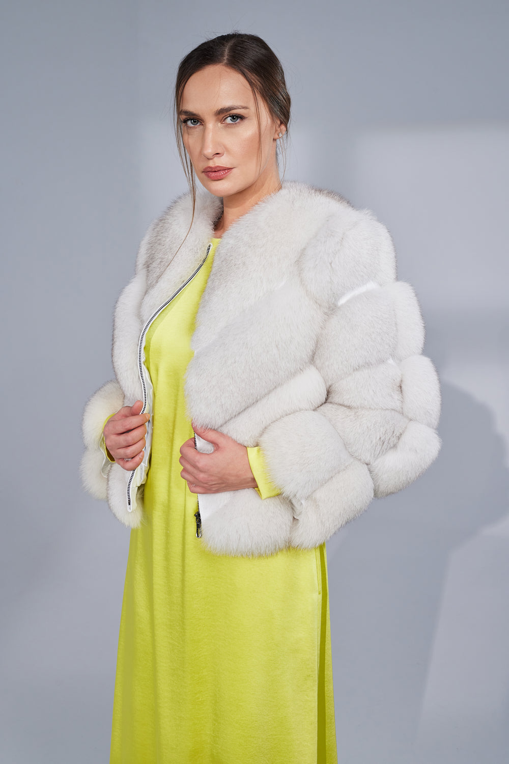 Haină din Blană Naturală de Vulpe, V Model, Transformabiă, Femei, Natural White 274