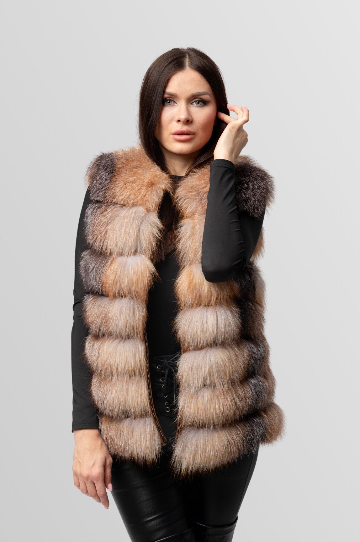 Haină din Blană Naturală de Vulpe Argintie, Transformabilă 6 în 1, Femei, Brown Frost 241