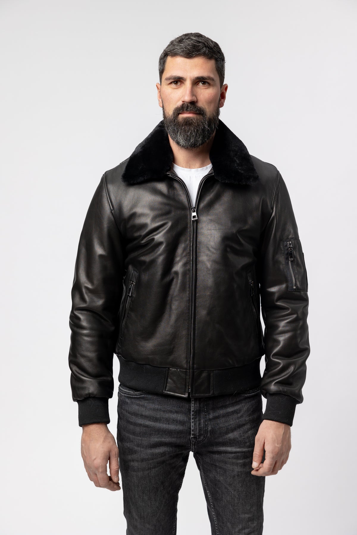 geaca din piele si blana pentru barbati model aviator