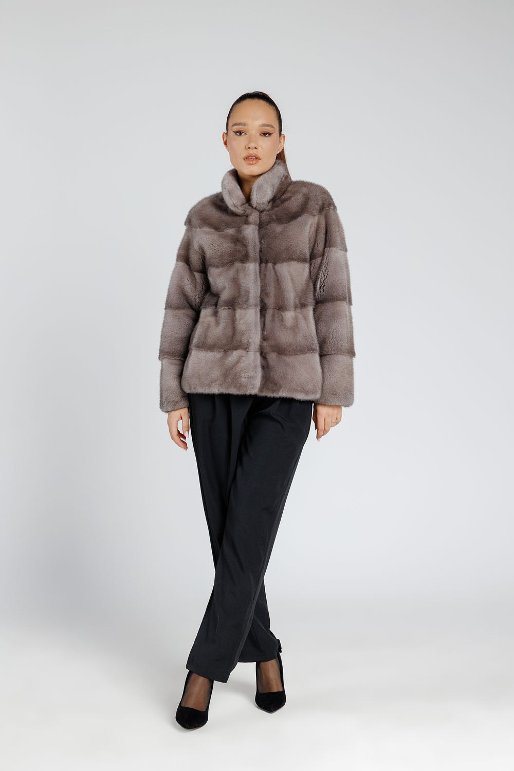 Haină din Blană Naturală de Vizon, Short, Femei, Silver Blue 233
