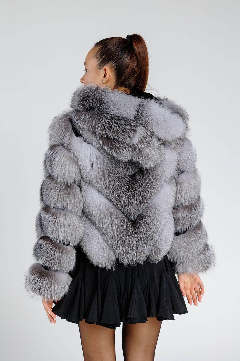 Haină din Blană Naturală de Vulpe Argintie, Transformabilă, V Model, cu Glugă Detașabilă, Femei, Grey Frost 379