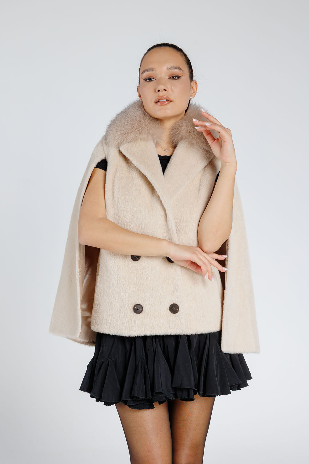 Alcantara Textile Cape, with Natural Fox Fur Collar, Cape Type, Women, Pastel 359