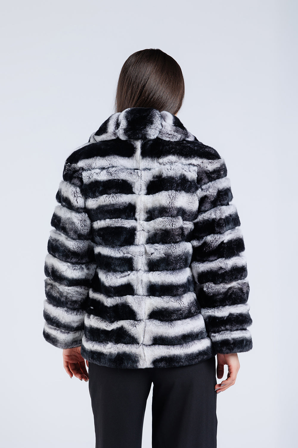 Haină din Blană Naturală de Rex Chinchilla, Guler Rever, Femei, Silver Grey 177