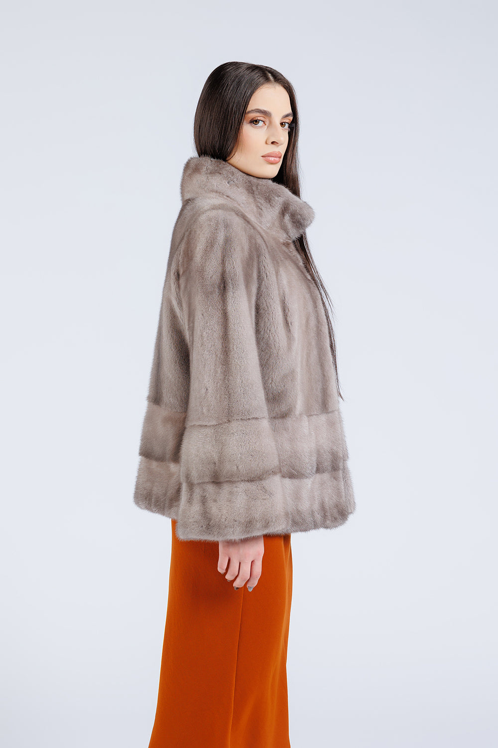 Haină din Blană Naturală de Vizon, Mâneca Clopot, Femei, Silver Blue 227