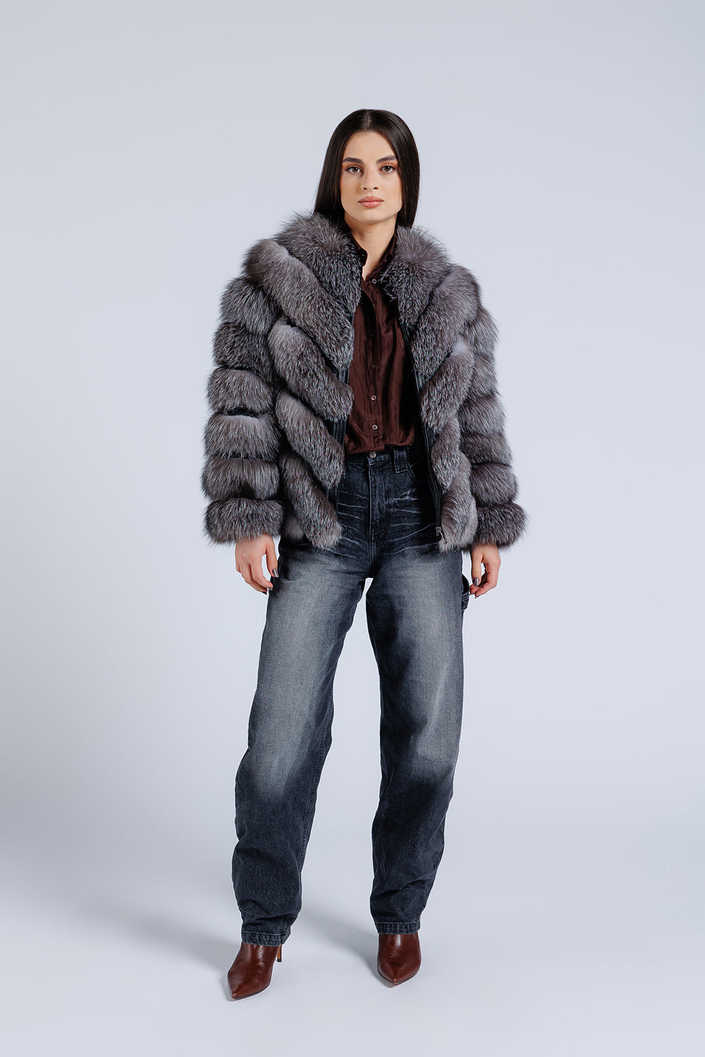 Haină din Blană Naturală de Vulpe, V model, Femei, Dark Grey Frost 273