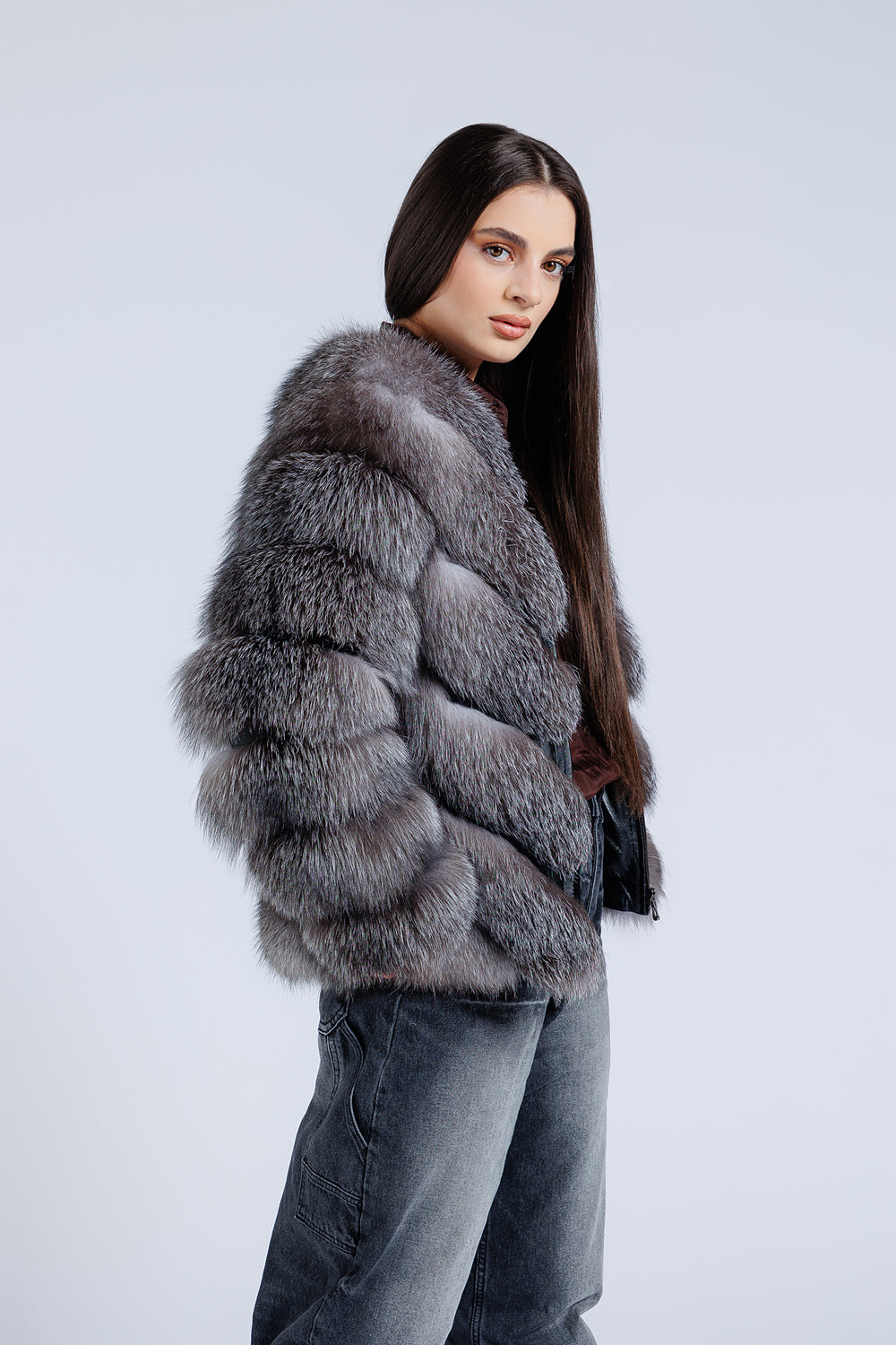 Haină din Blană Naturală de Vulpe, V model, Femei, Dark Grey Frost 273
