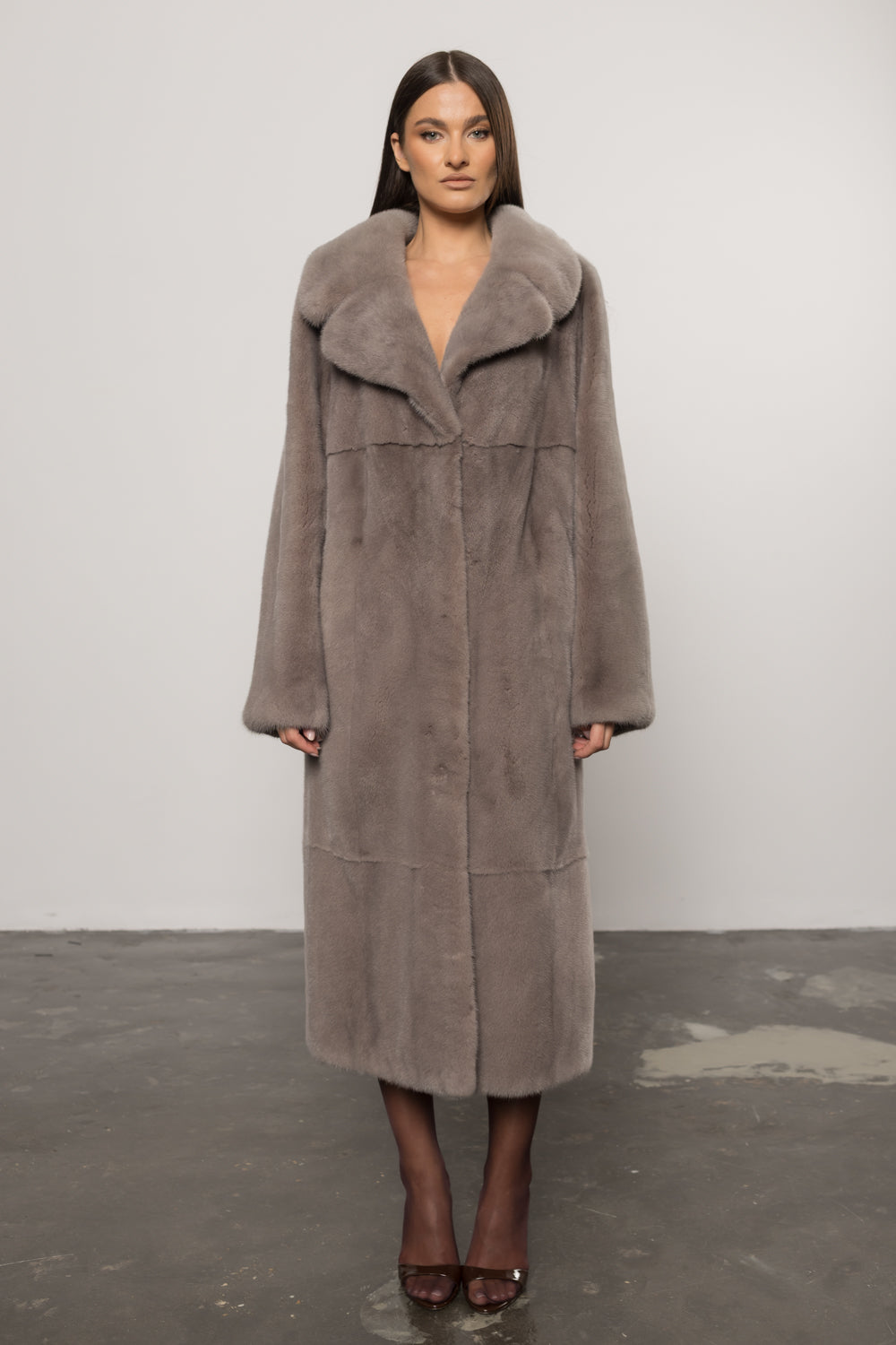 Palton din Blană Naturală de Vizon, cu Guler Rever, Femei, Pearl Grey 429