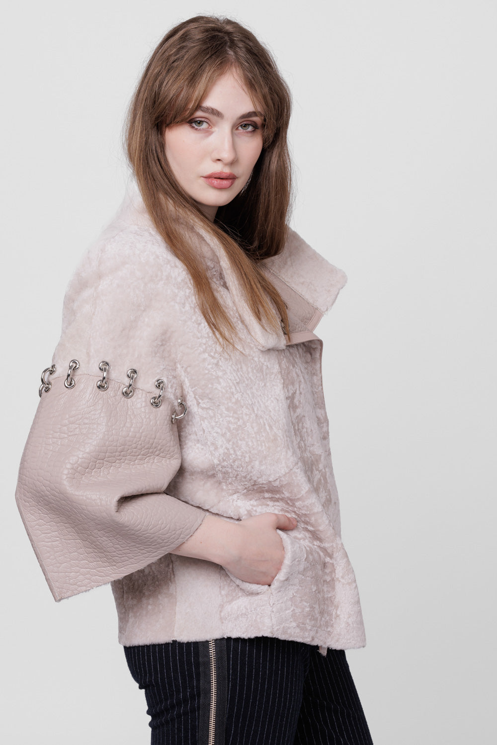 Poncho din Piele si Blană Naturală Shearling, Femei, Pearl 300