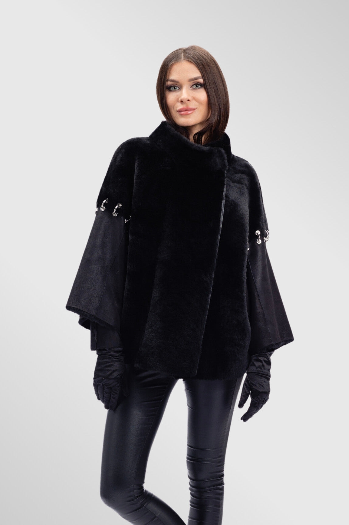 Poncho din Piele si Blană Naturală Shearling, Femei, Obsidian 299