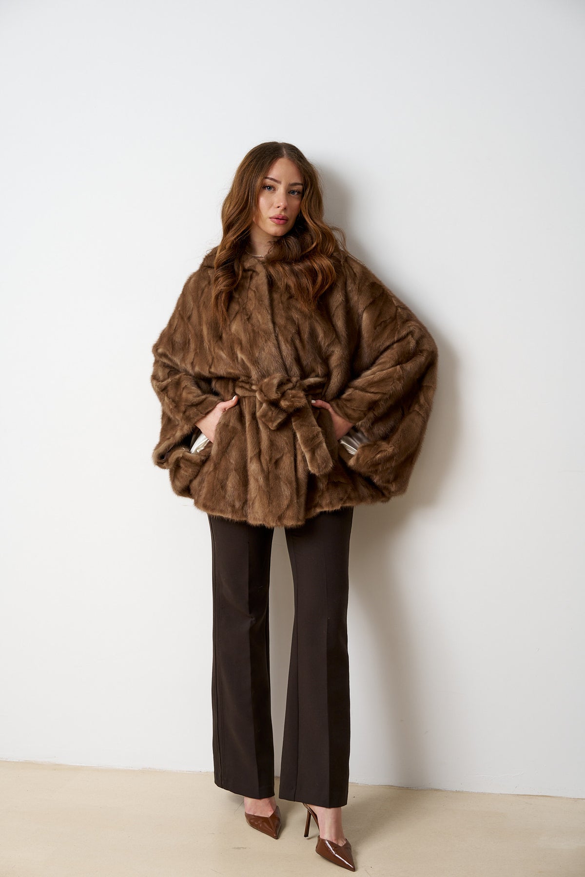 Cape in Natural Mink Fur, with Hood and Cord, Pastel 518