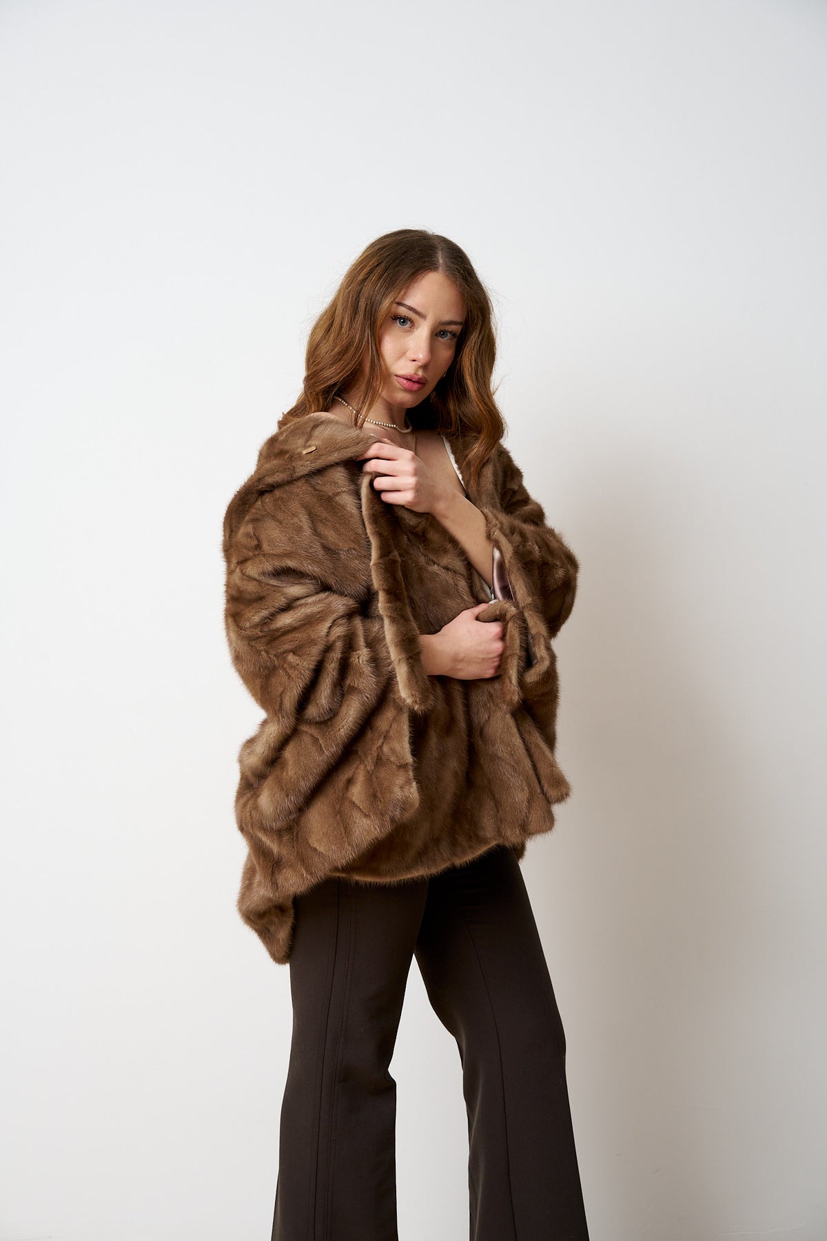 Cape in Natural Mink Fur, with Hood and Cord, Pastel 518