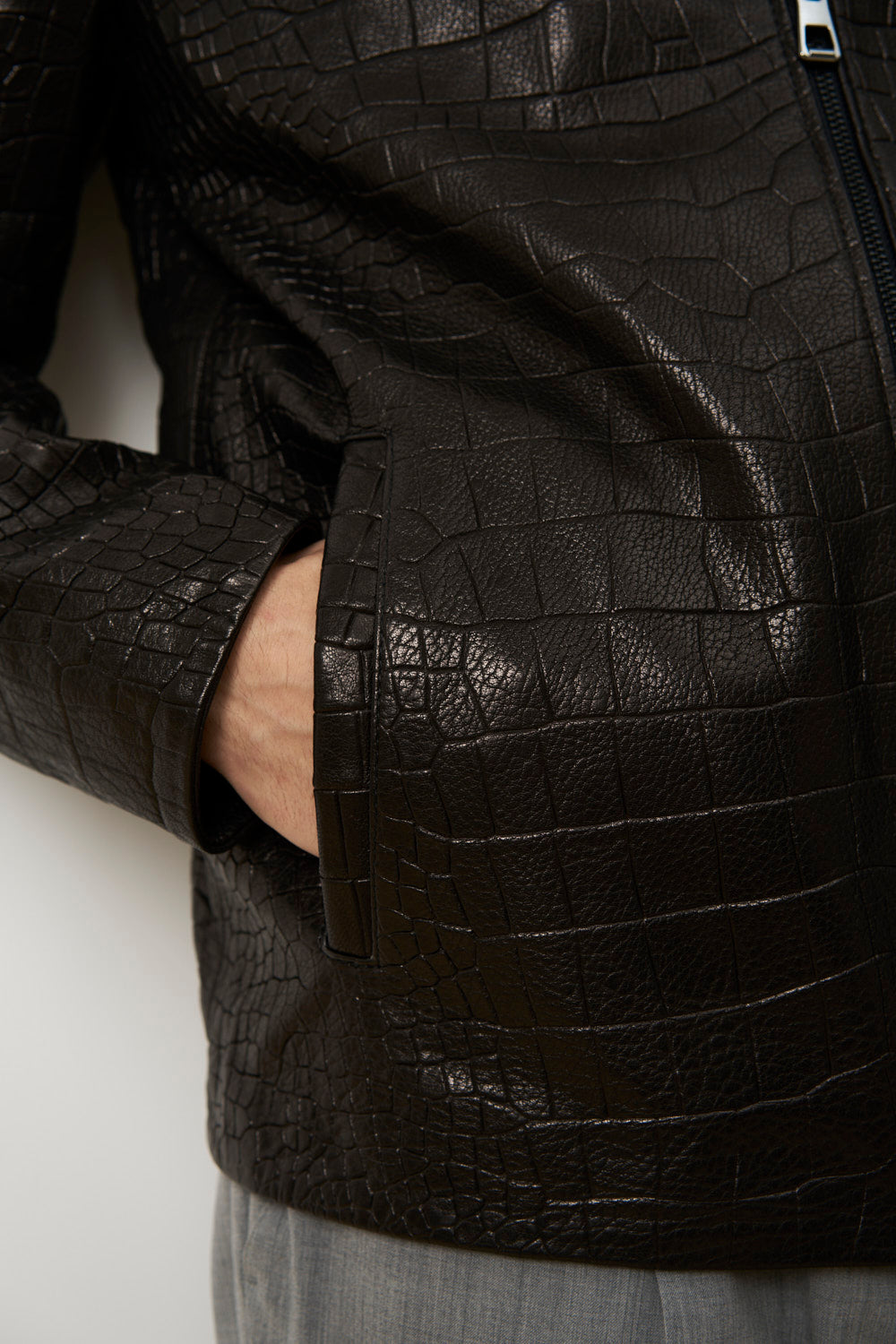 Geacă din Piele Naturală pentru Bărbați, Textură Crocodil, Neagra, Mareus