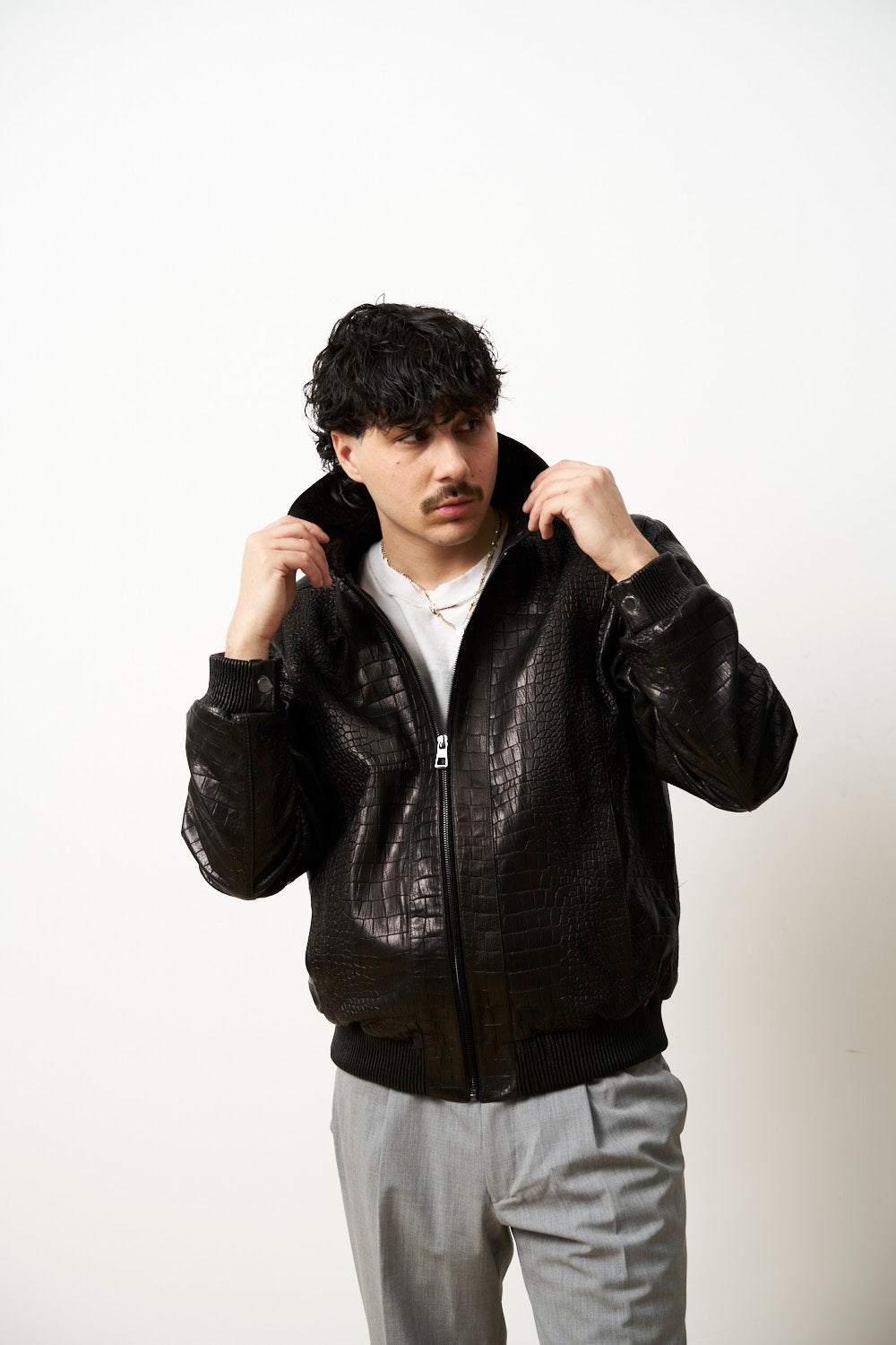 Genuine Leather Jacket for Men, Crocodile Texture, Black, Mareus