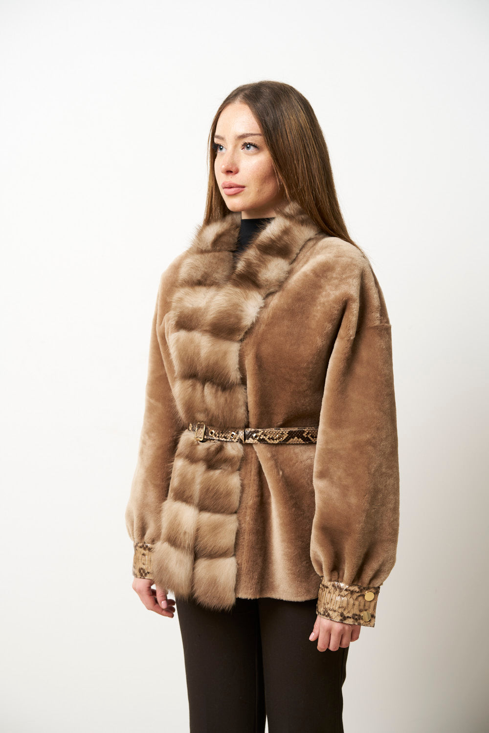 Natural Spanish Merino Fur Coat with Jder Collar and Python Leather Accessories, Ivory Luxury, Mareus