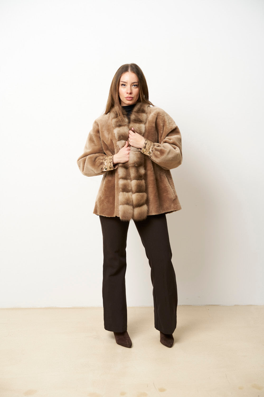 Natural Spanish Merino Fur Coat with Jder Collar and Python Leather Accessories, Ivory Luxury, Mareus
