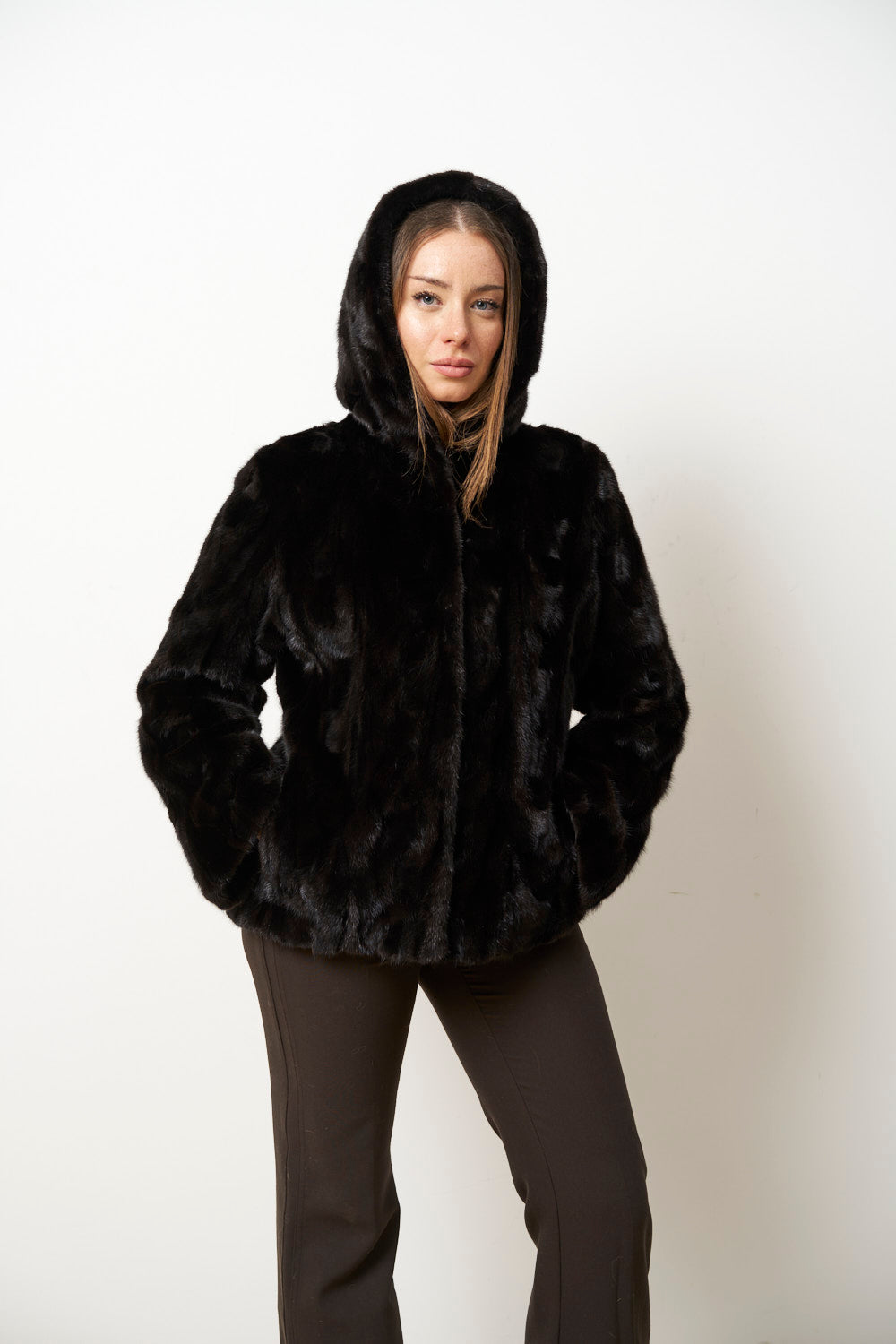 Manteau en Fourrure de Vison Naturel avec Capuche pour Femme, Cambrata, Noir, Mareus