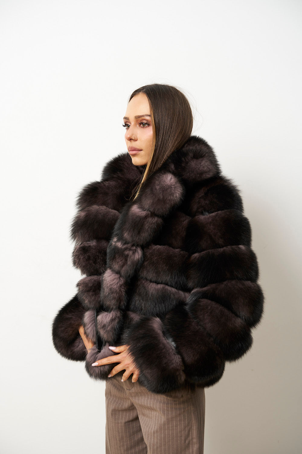 Cappotto in Pelliccia di Volpe Naturale da Donna, Collo con Revers, Marrone-Viola, Mareus