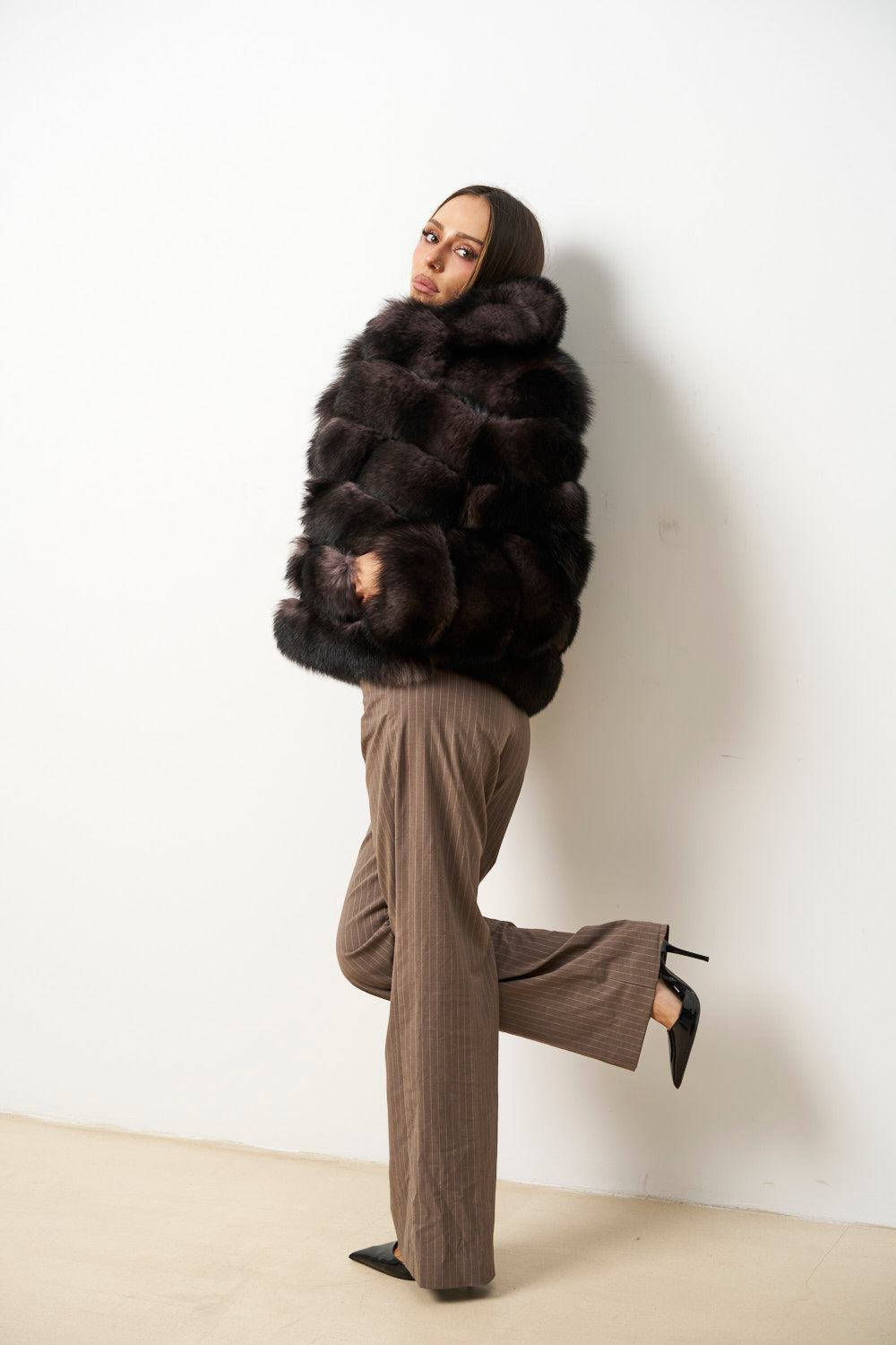 Cappotto in Pelliccia di Volpe Naturale da Donna, Collo con Revers, Marrone-Viola, Mareus