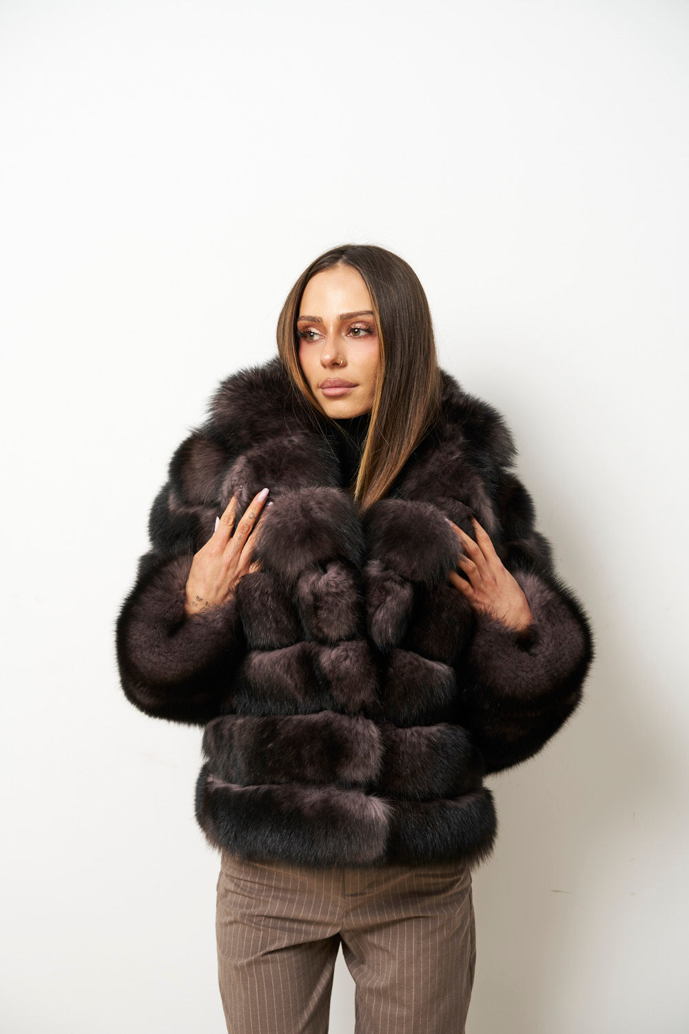 Cappotto in Pelliccia di Volpe Naturale da Donna, Collo con Revers, Marrone-Viola, Mareus