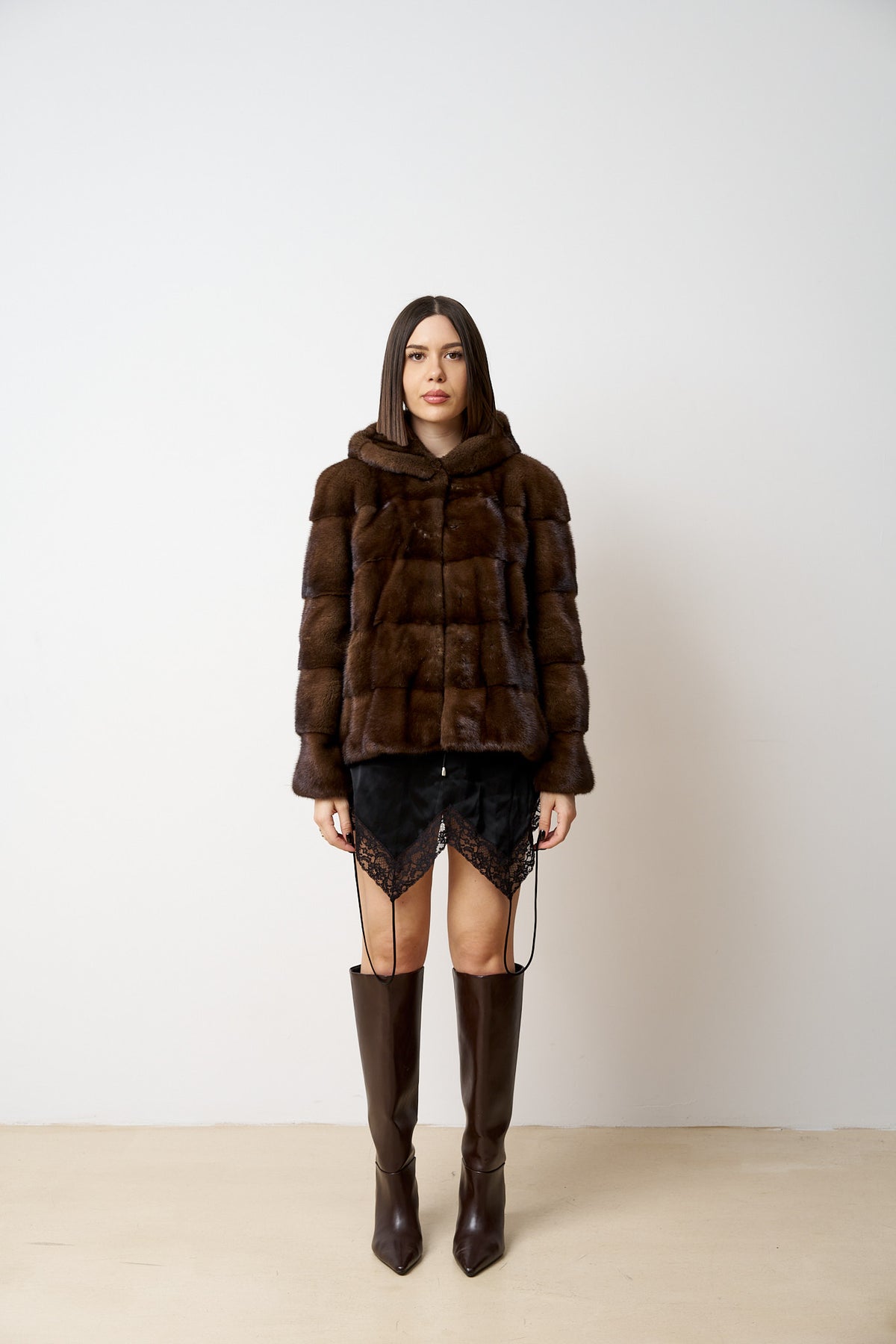 Manteau en fourrure de vison naturel, avec capuche, femme, marron, Mareus