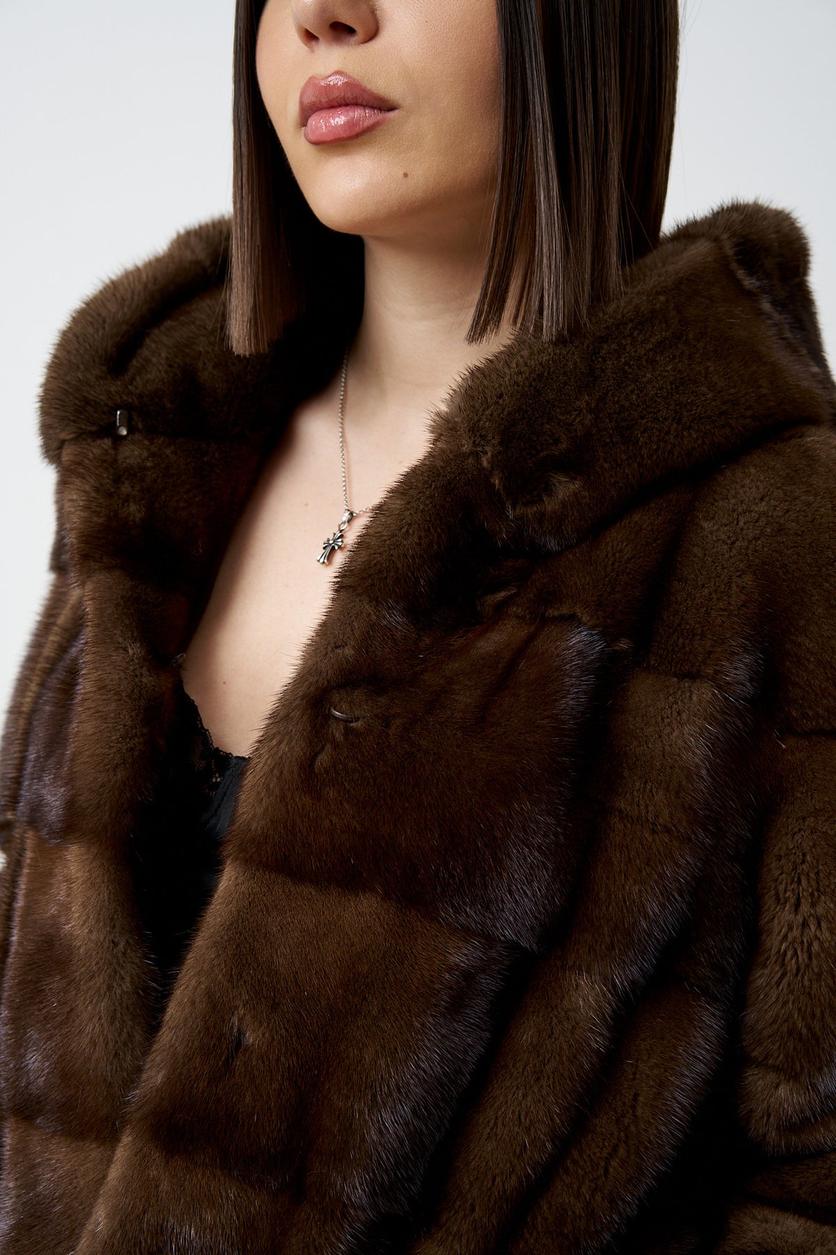 Manteau en fourrure de vison naturel, avec capuche, femme, marron, Mareus