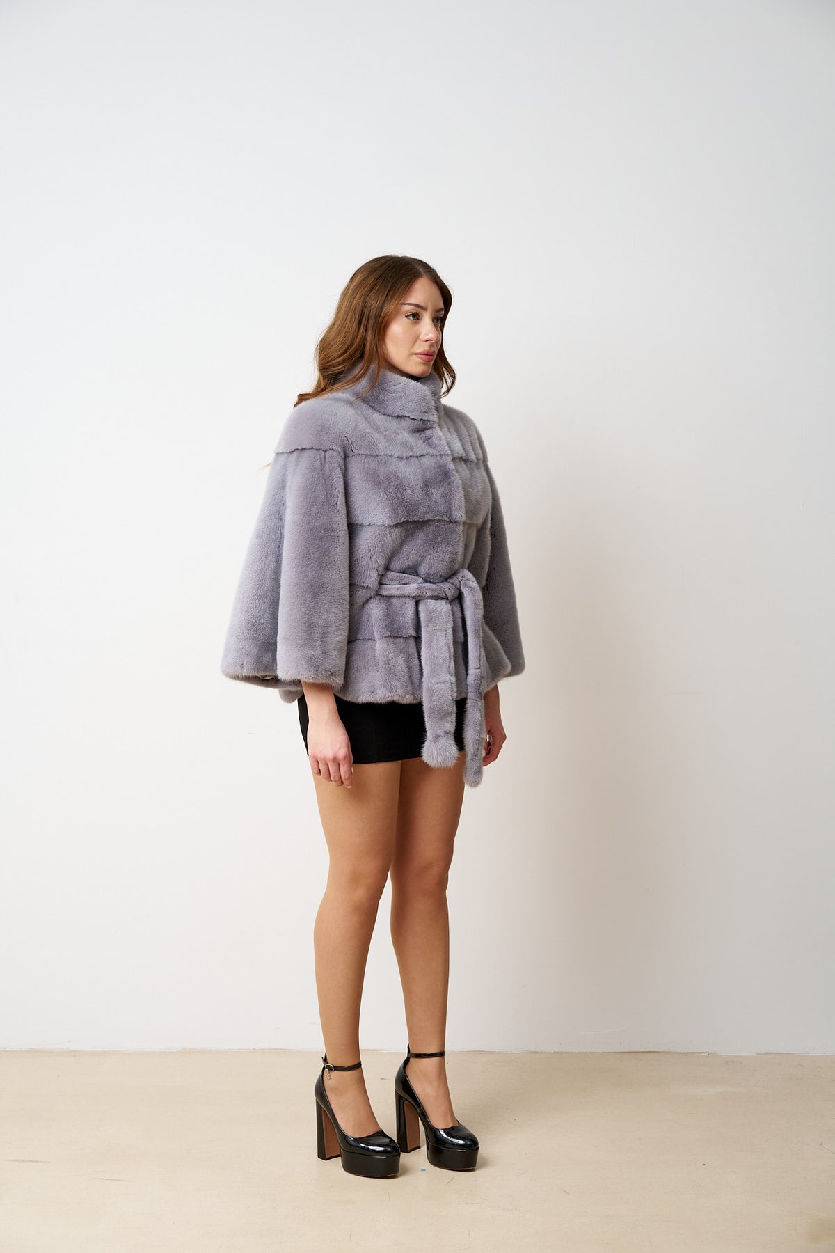 Natural Mink Fur Coat, with Drawstring, Women, Lilac 513