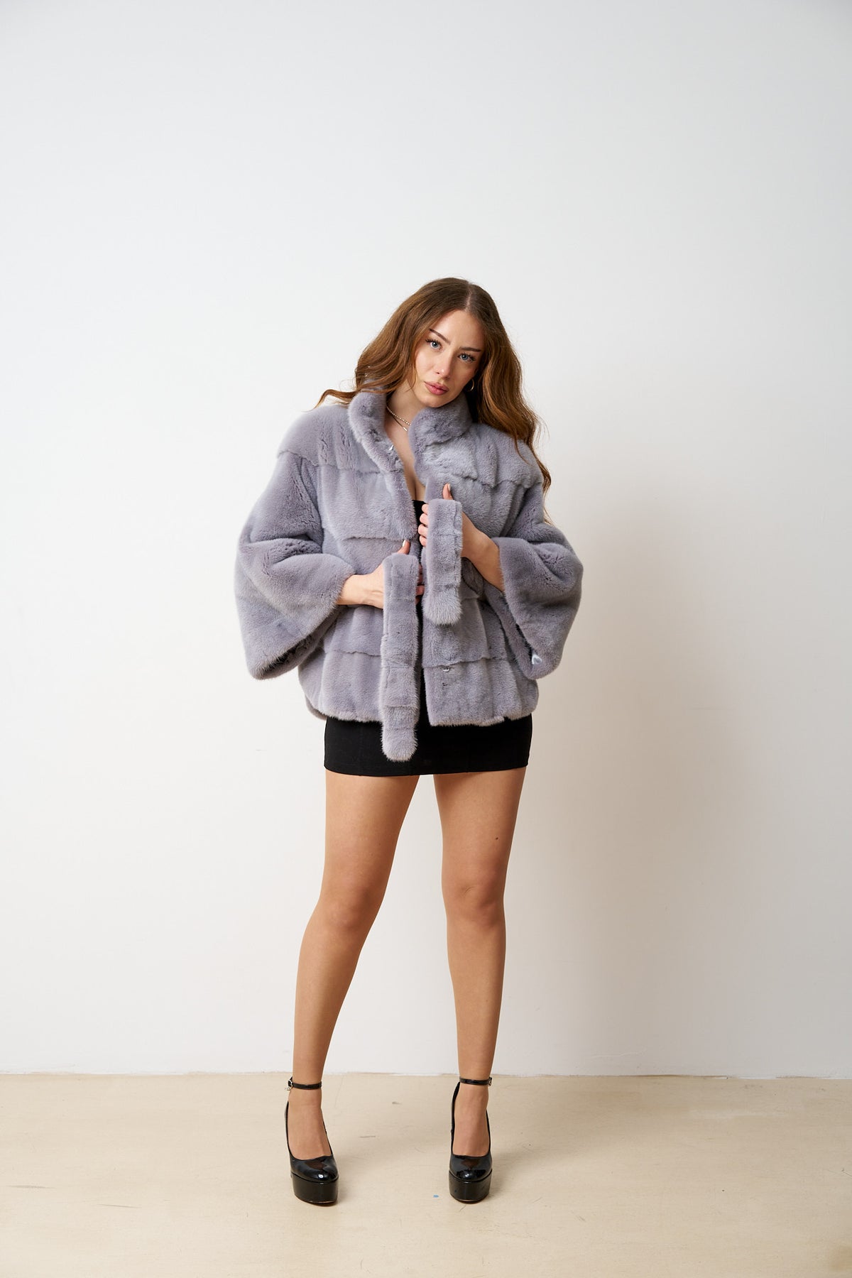 Natural Mink Fur Coat With Drawstring, Women, Lilac 483