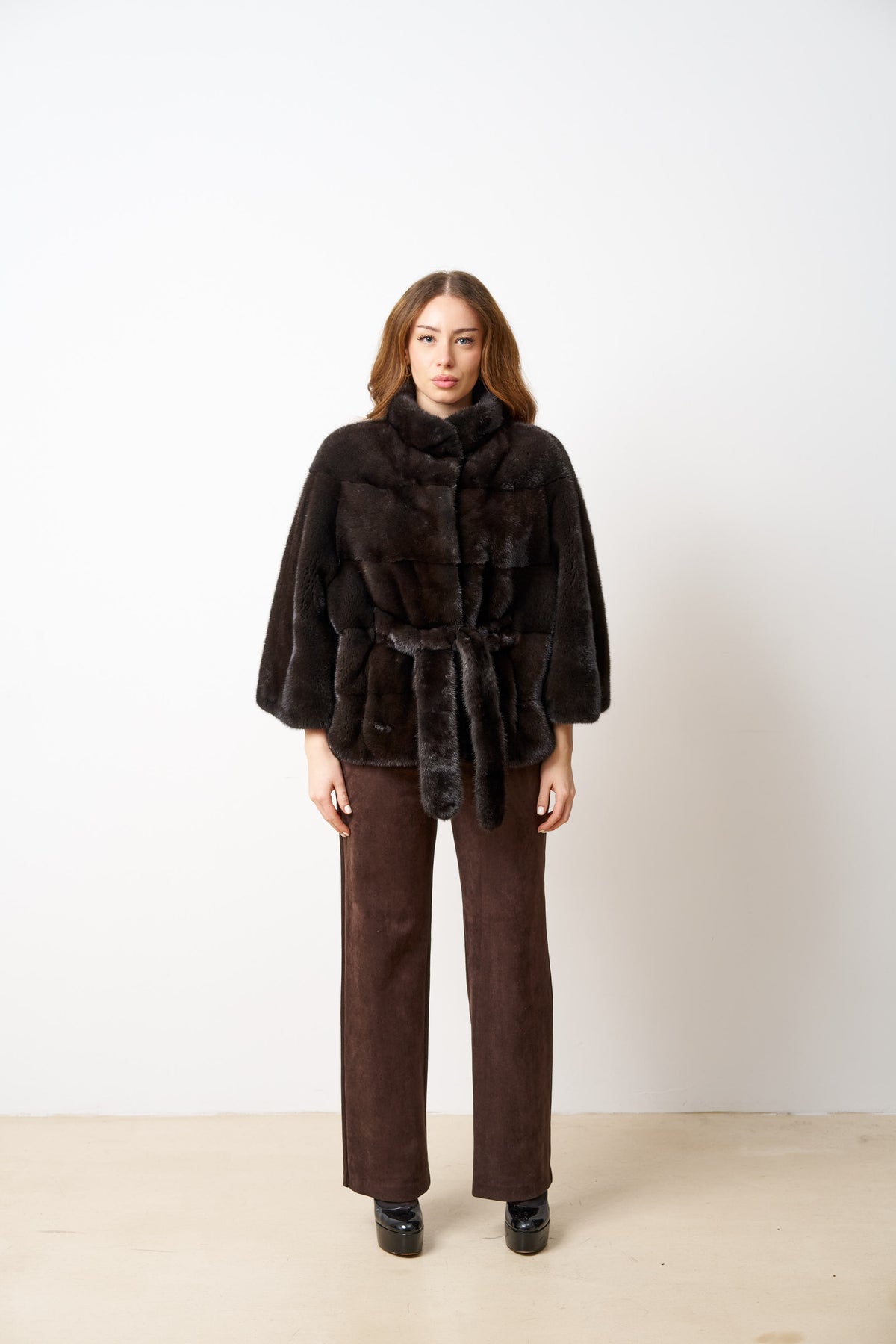 Manteau en Fourrure de Vison Naturelle avec Cordon de Serrage, Femme, Brun Olive 514