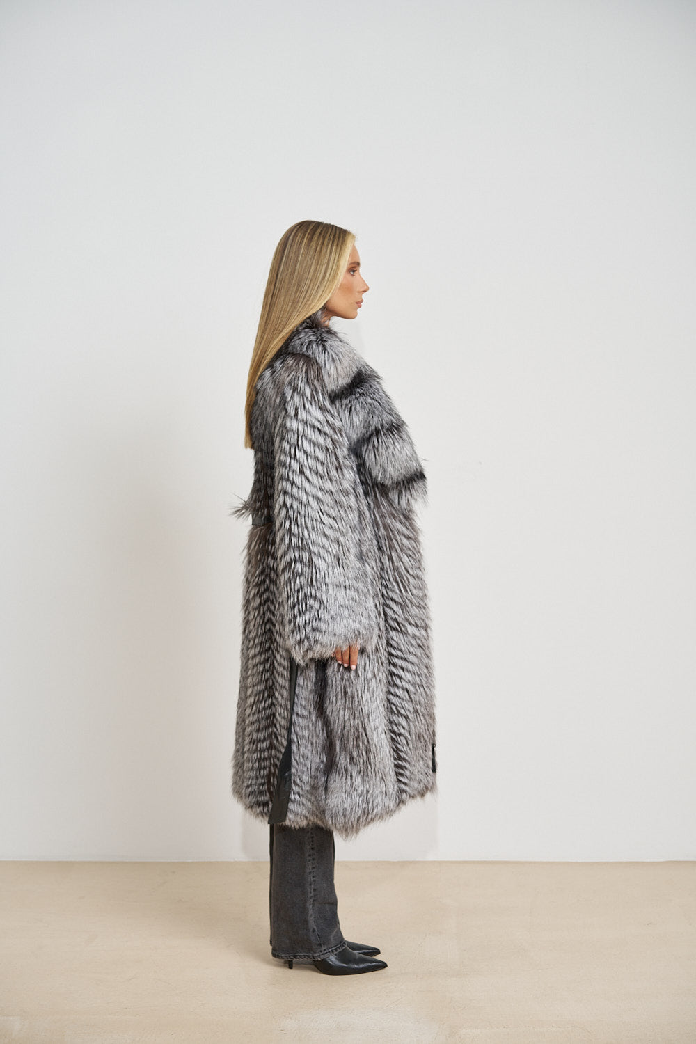 Haină Lungă din Blană Naturală de Vulpe Argintie, Guler Rever, cu Cordon, Silver Frost 675