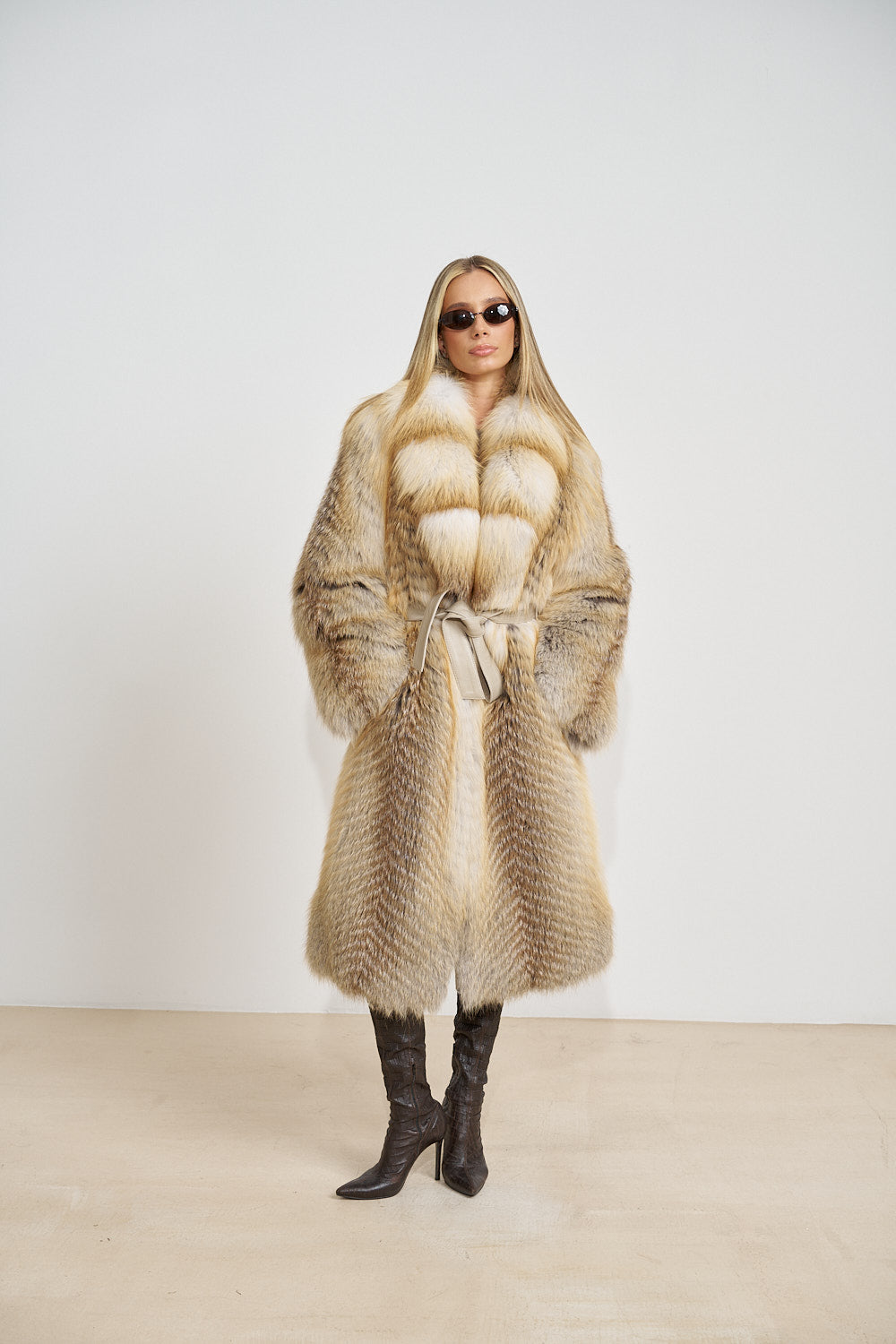 Haină Lungă din Blană Naturală de Vulpe, Guler Rever, cu Cordon, Gold Frost 677