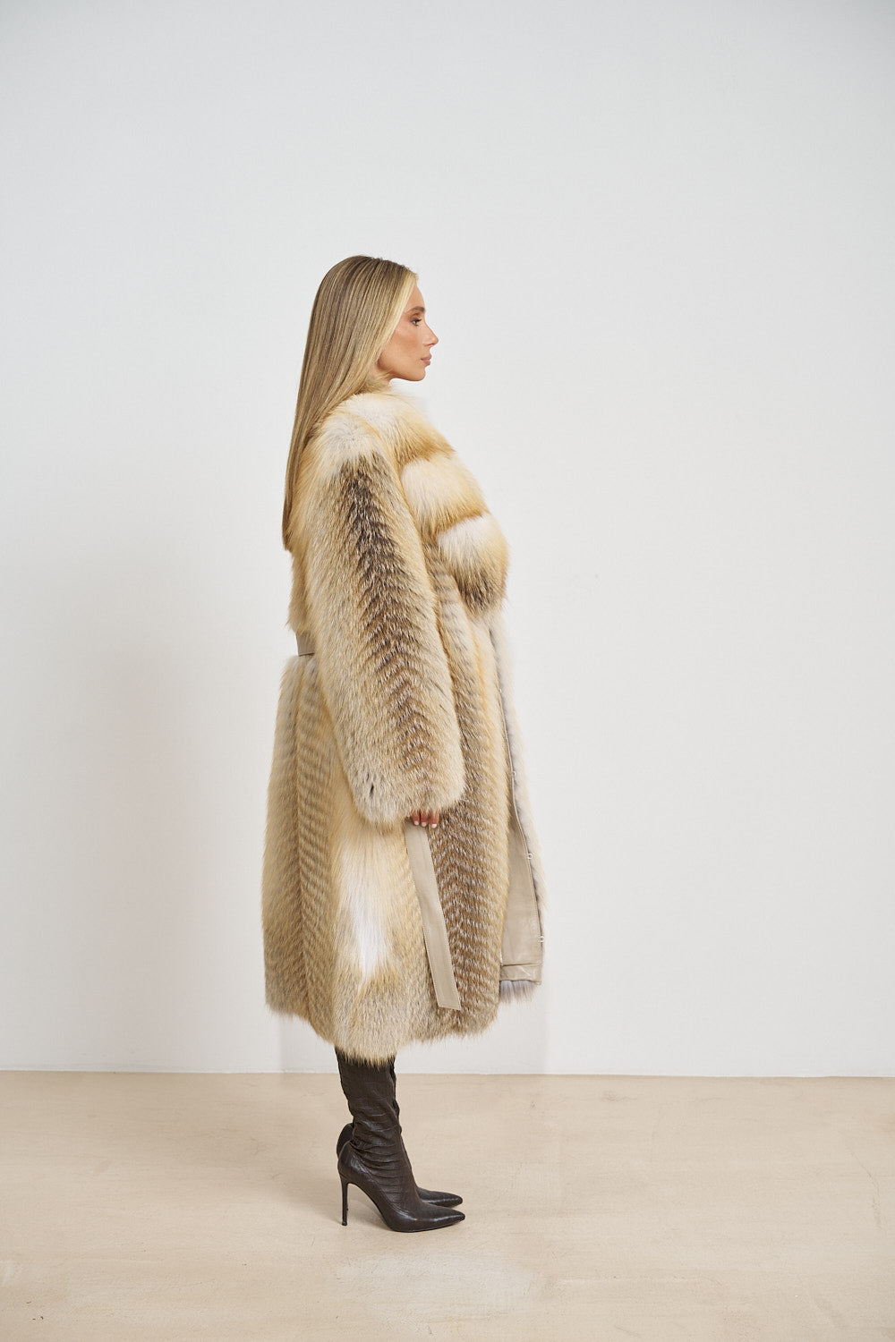 Haină Lungă din Blană Naturală de Vulpe, Guler Rever, cu Cordon, Gold Frost 677