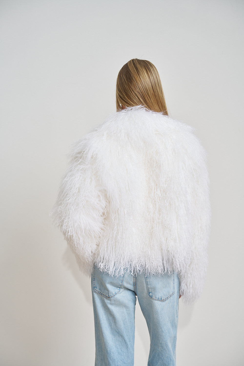 Haina din Blana Naturala de Miel Tibetan, Guler Rever, Oversized, Ivory White 508