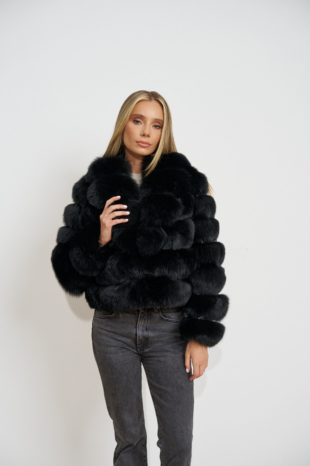 Haina din Blană Naturala de Vulpe Polara, Guler Rever, Midnight Black 484