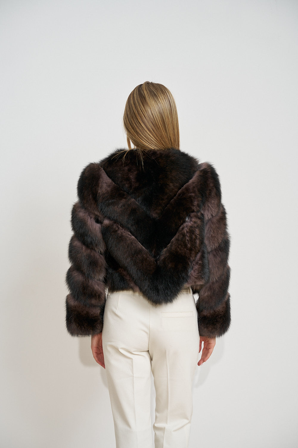 Manteau en fourrure de renard naturel avec empiècements en cuir, Smoky Taupe 602